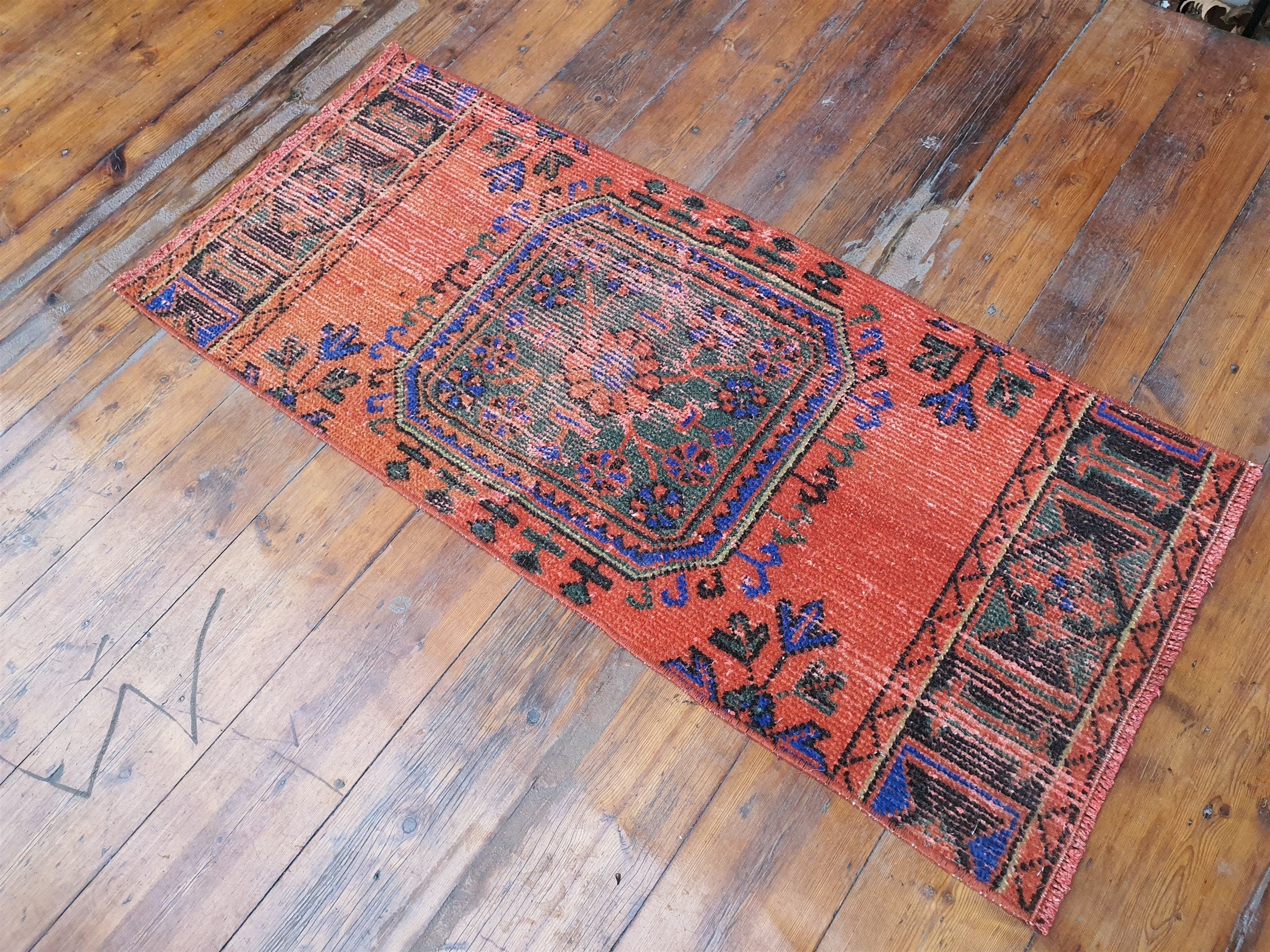 Small Turkish Rug, 4 ft x 1 ft 7 in, Apricot Orange and Teal Green / Grey Vintage Faded Distressed Door Mat