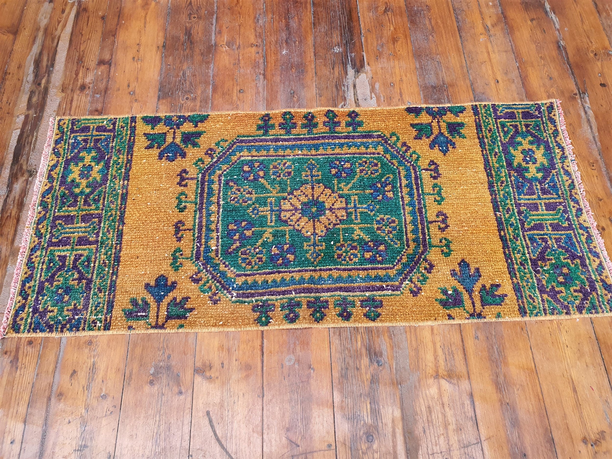 Small Turkish Rug, 4 ft 3 in x 1 ft 9 in, Apricot Orange and Teal Green Vintage Faded Distressed Door Mat