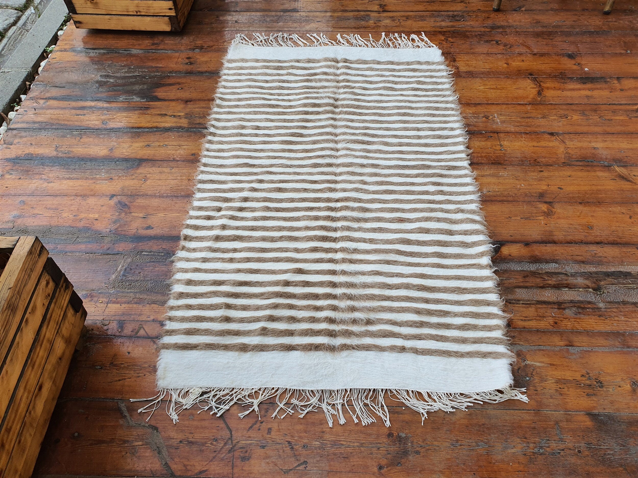 Siirt Angora Vintage Turkish Rug, 4 ft 2 in x 2 ft 6 in Brown and White Striped Tulu Turkish Mat