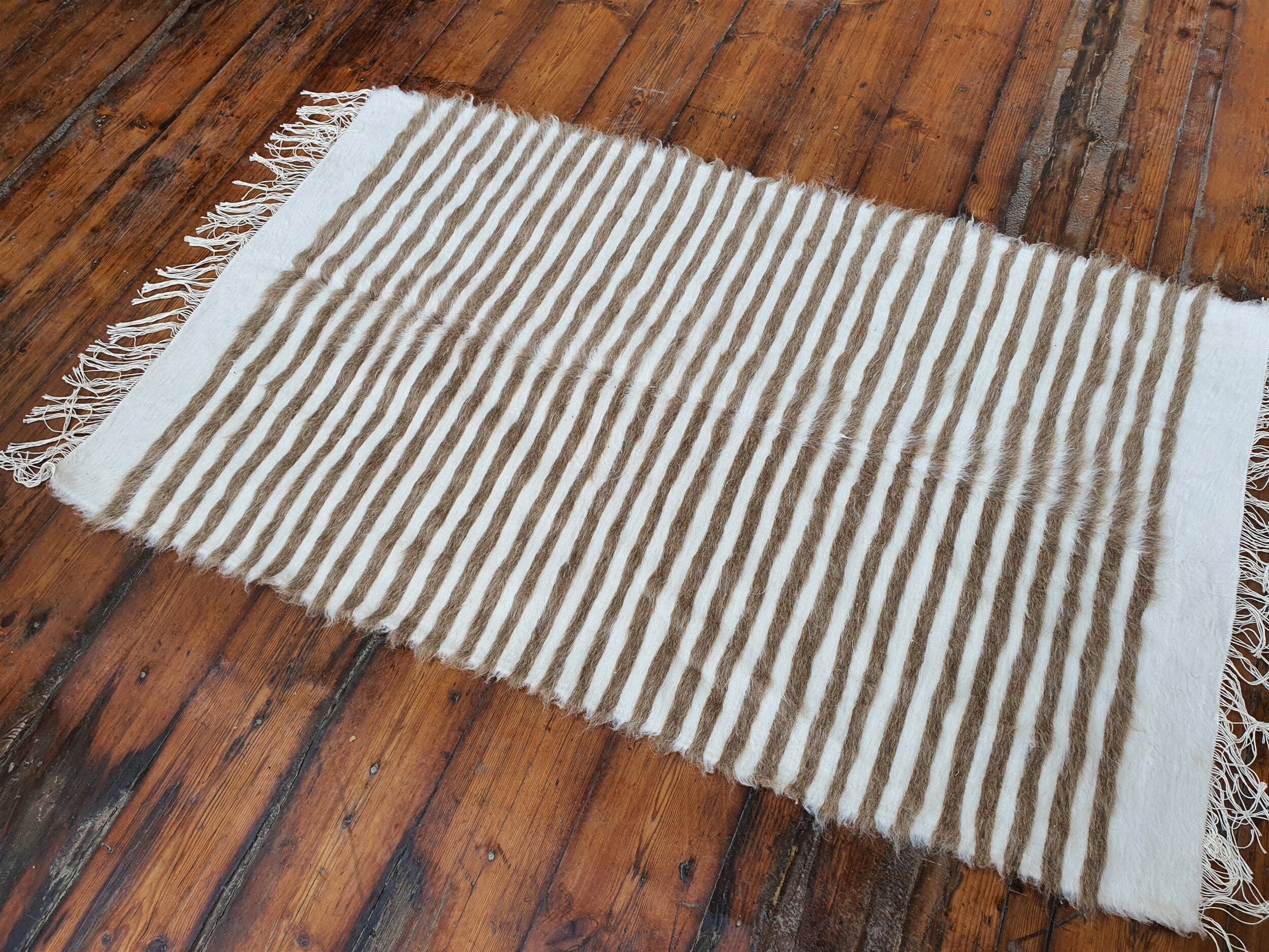 Siirt Angora Vintage Turkish Rug, 4 ft 2 in x 2 ft 6 in Brown and White Striped Tulu Turkish Mat