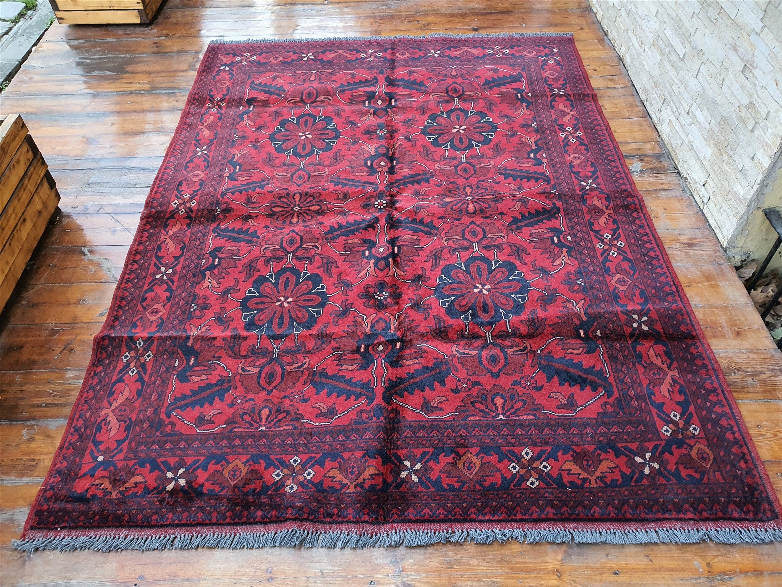 Red and Blue Afghan Khal Mohammadi Rug 6'8''x''5'' Vintage Turkish Handmade Natural Wool Carpet