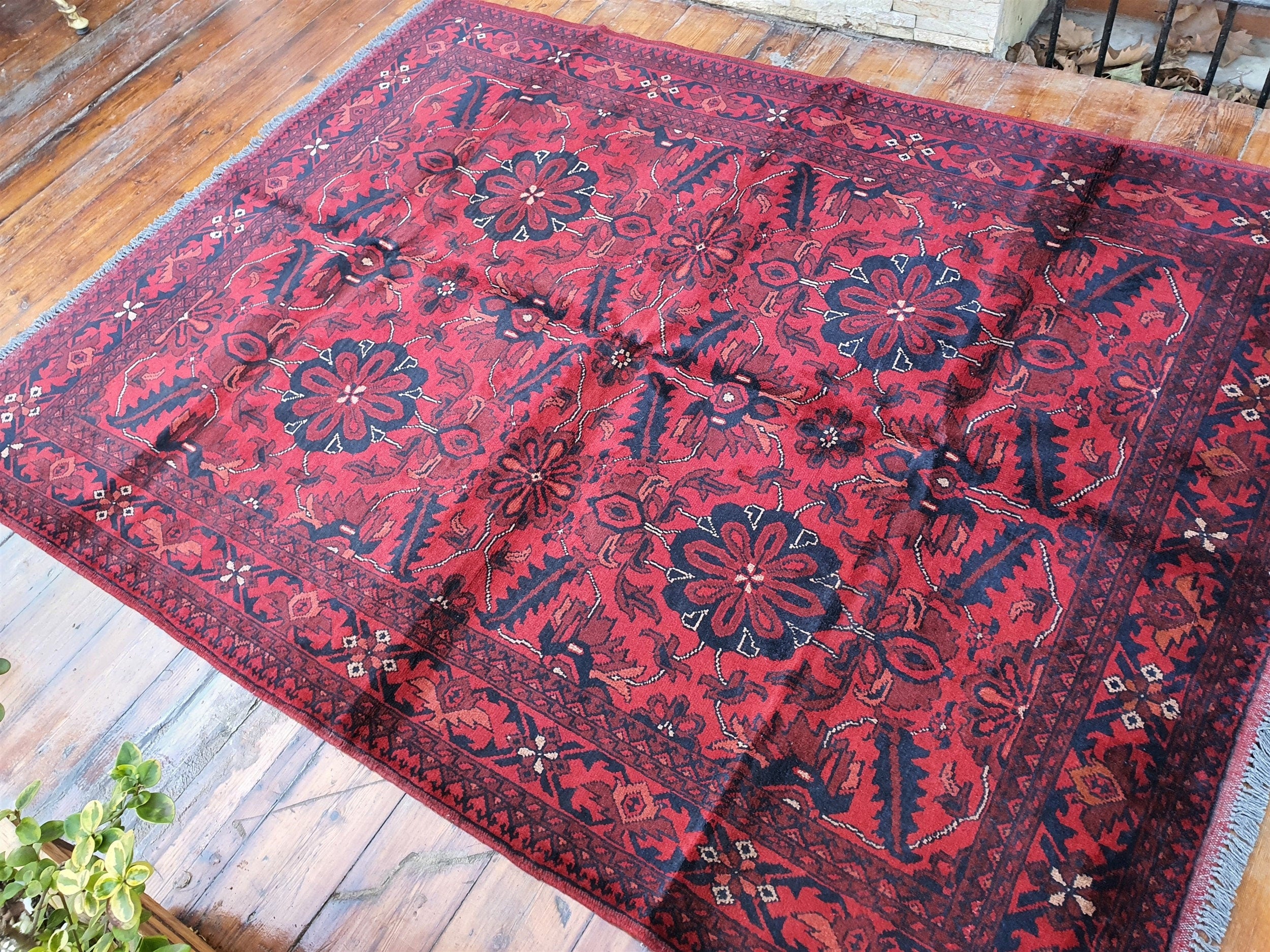 Red and Blue Afghan Khal Mohammadi Rug 6'8''x''5'' Vintage Turkish Handmade Natural Wool Carpet