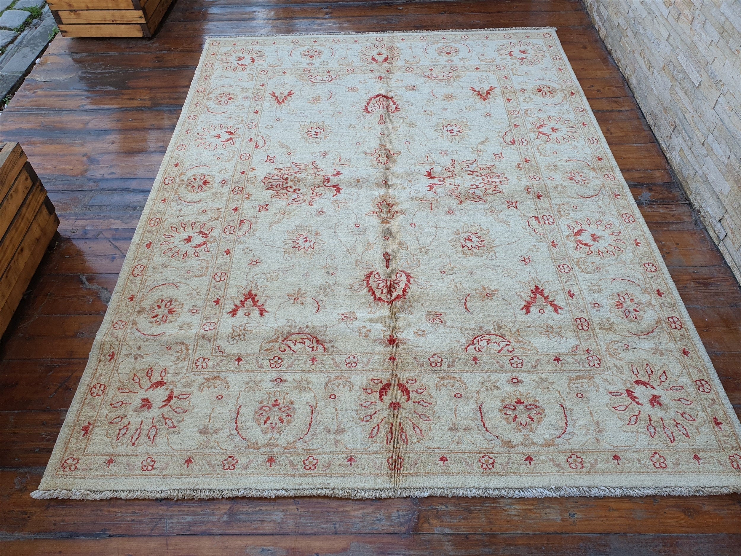 Turkish Usak Rug 6 x 5 ft Beige Brow Superfine Wool Rug