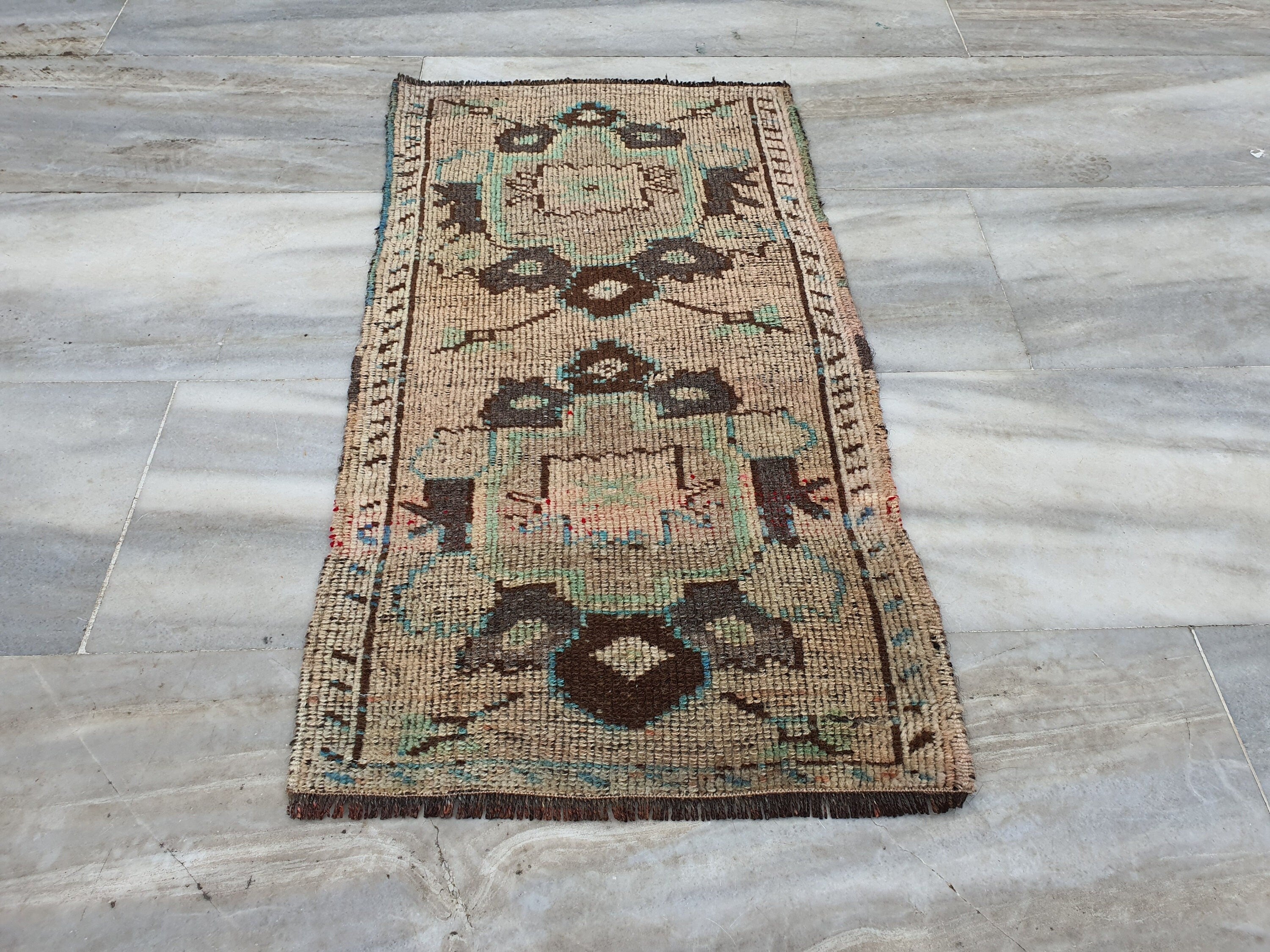 Small Turkish Rug, 3 ft 1 in x 1 ft 7 in, Apricot Orange and Teal Green / Grey Vintage Faded Distressed Door Mat