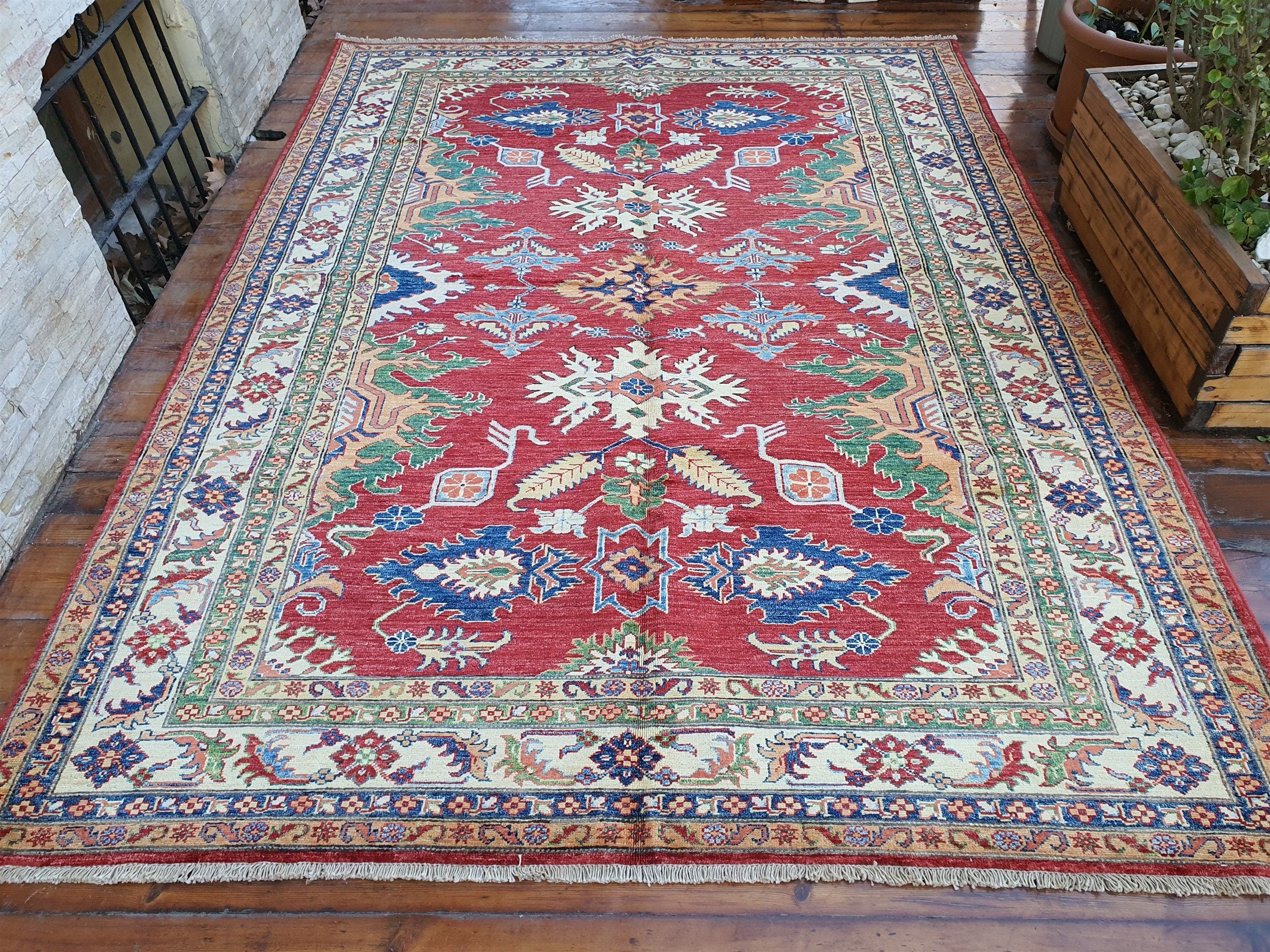 Caucasian Kazak Rug 8 x 6 ft Vintage Tribal Azerbaijan Geometric Medallion Rug