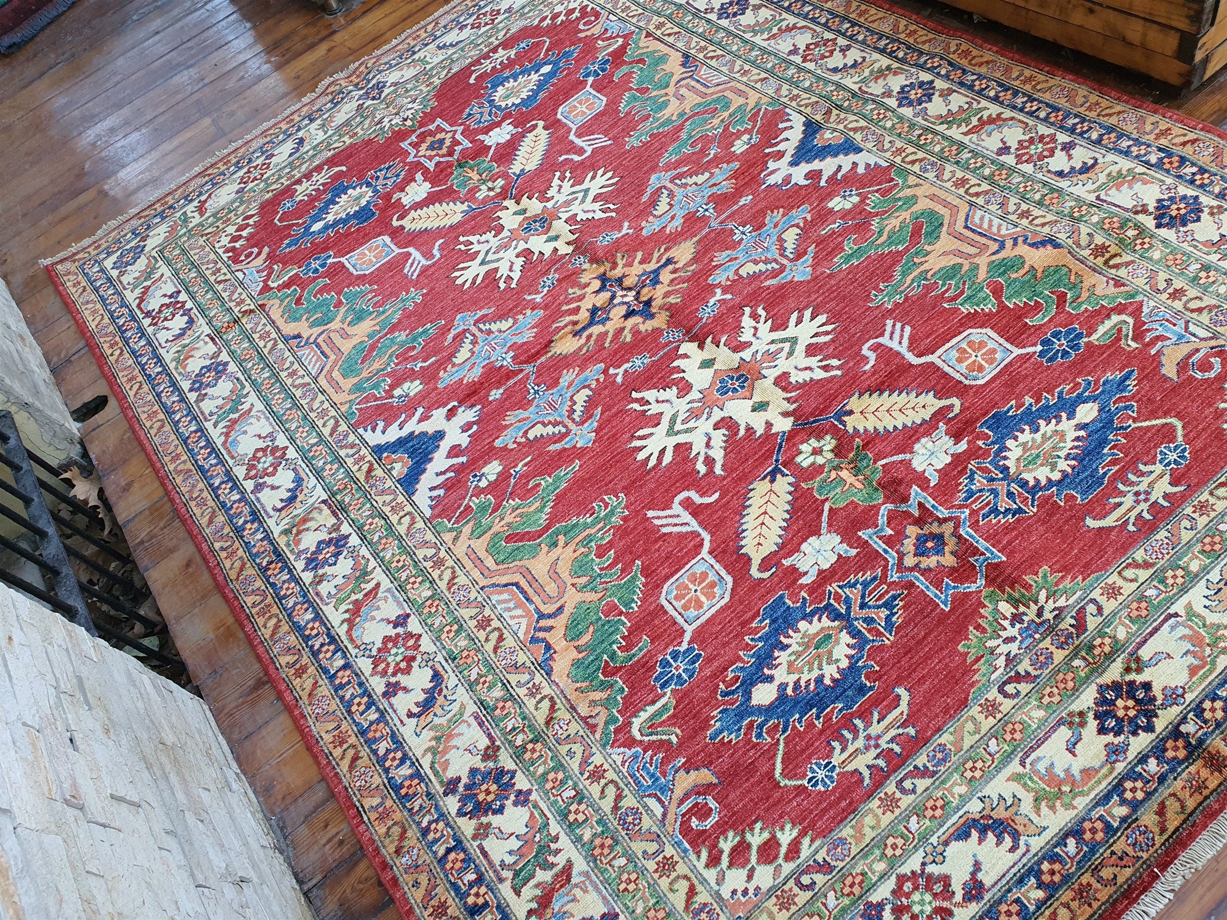 Caucasian Kazak Rug 8 x 6 ft Vintage Tribal Azerbaijan Geometric Medallion Rug