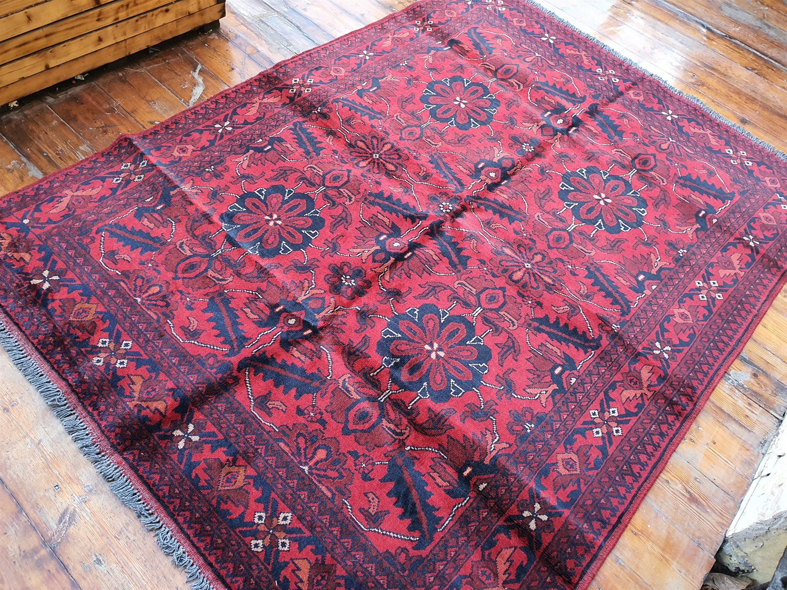 Red and Blue Afghan Khal Mohammadi Rug 6'8''x''5'' Vintage Turkish Handmade Natural Wool Carpet