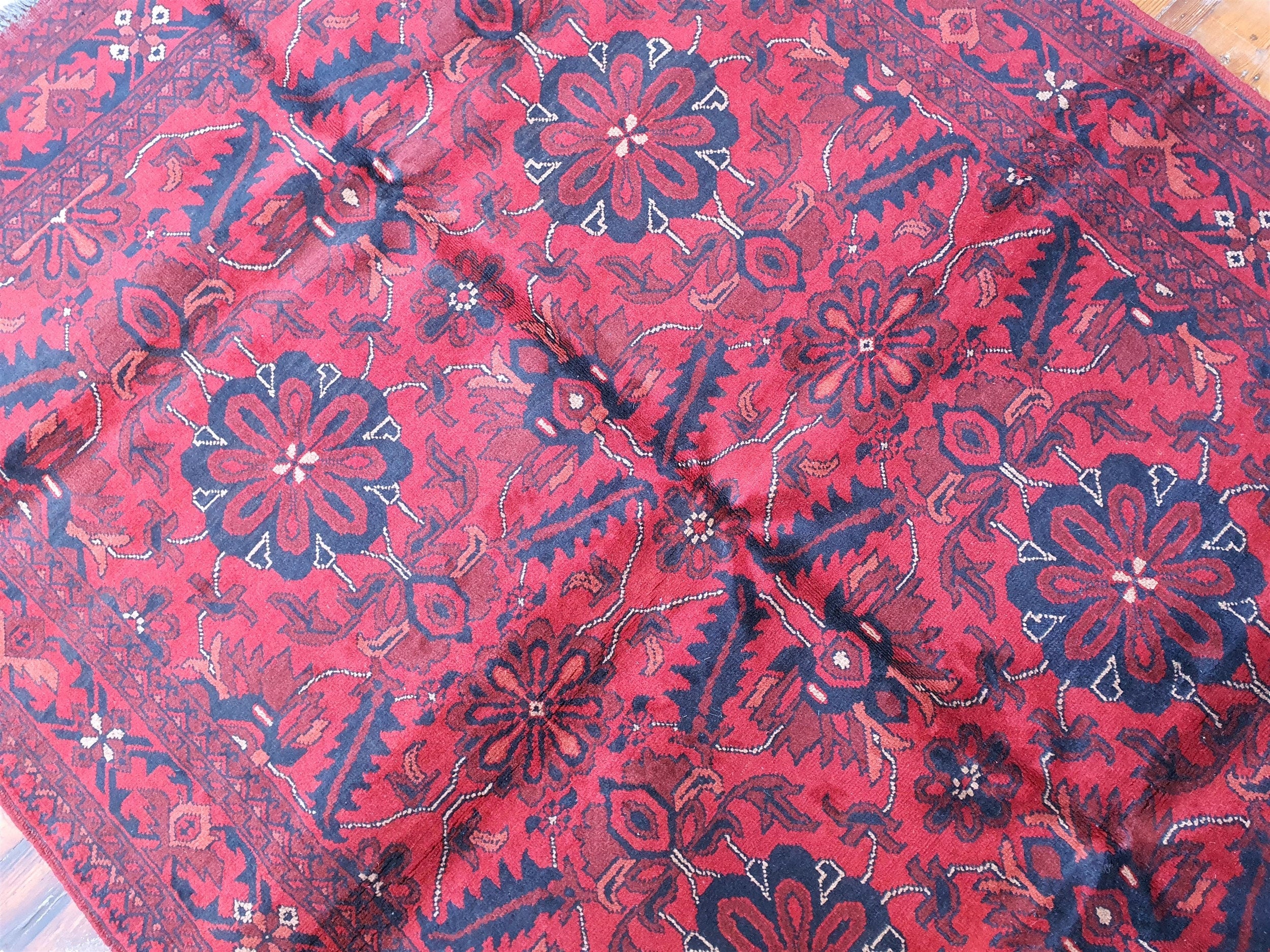 Red and Blue Afghan Khal Mohammadi Rug 6'8''x''5'' Vintage Turkish Handmade Natural Wool Carpet