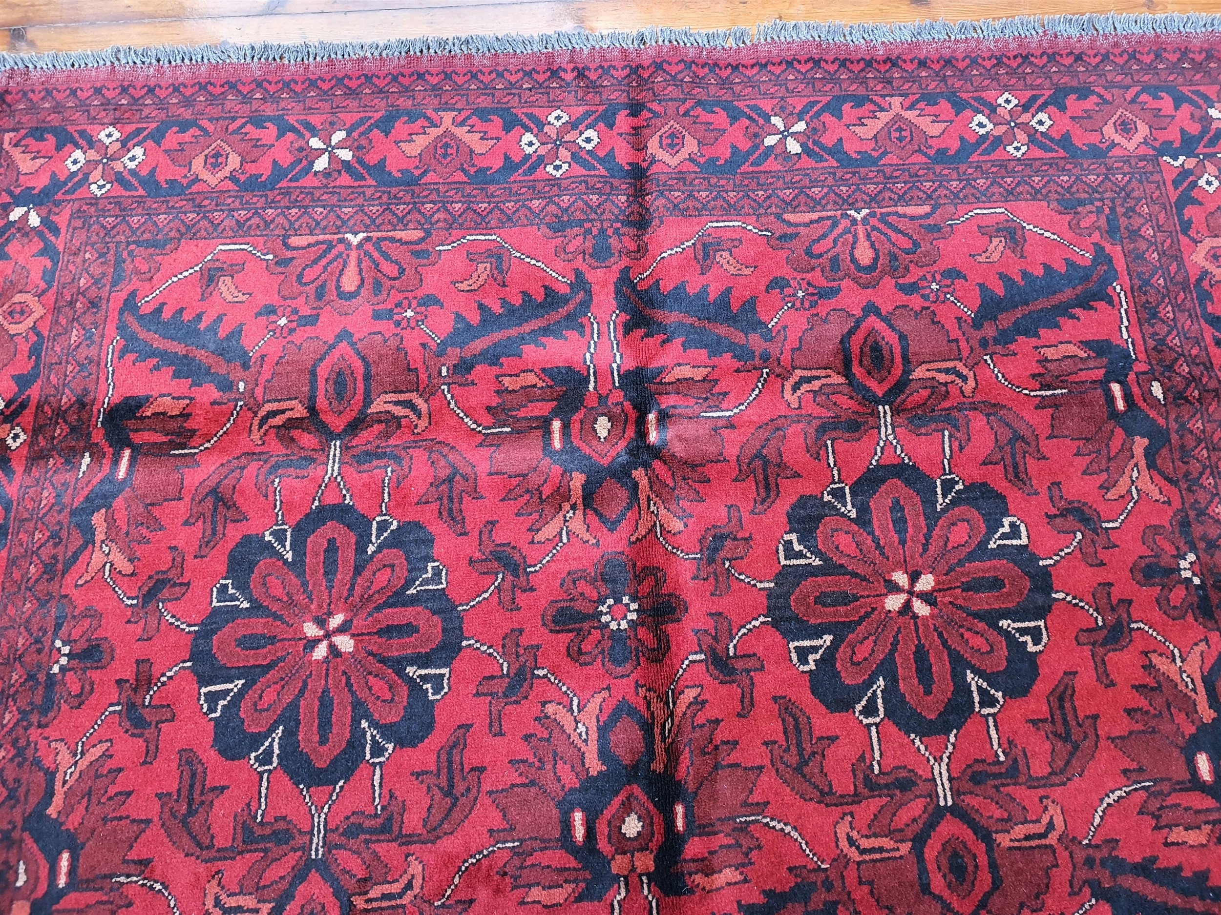 Red and Blue Afghan Khal Mohammadi Rug 6'8''x''5'' Vintage Turkish Handmade Natural Wool Carpet