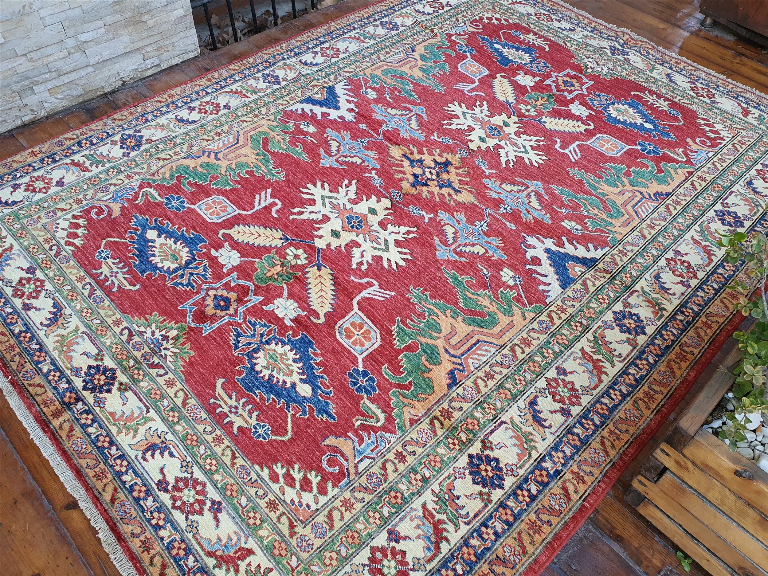 Caucasian Kazak Rug 8 x 6 ft Vintage Tribal Azerbaijan Geometric Medallion Rug