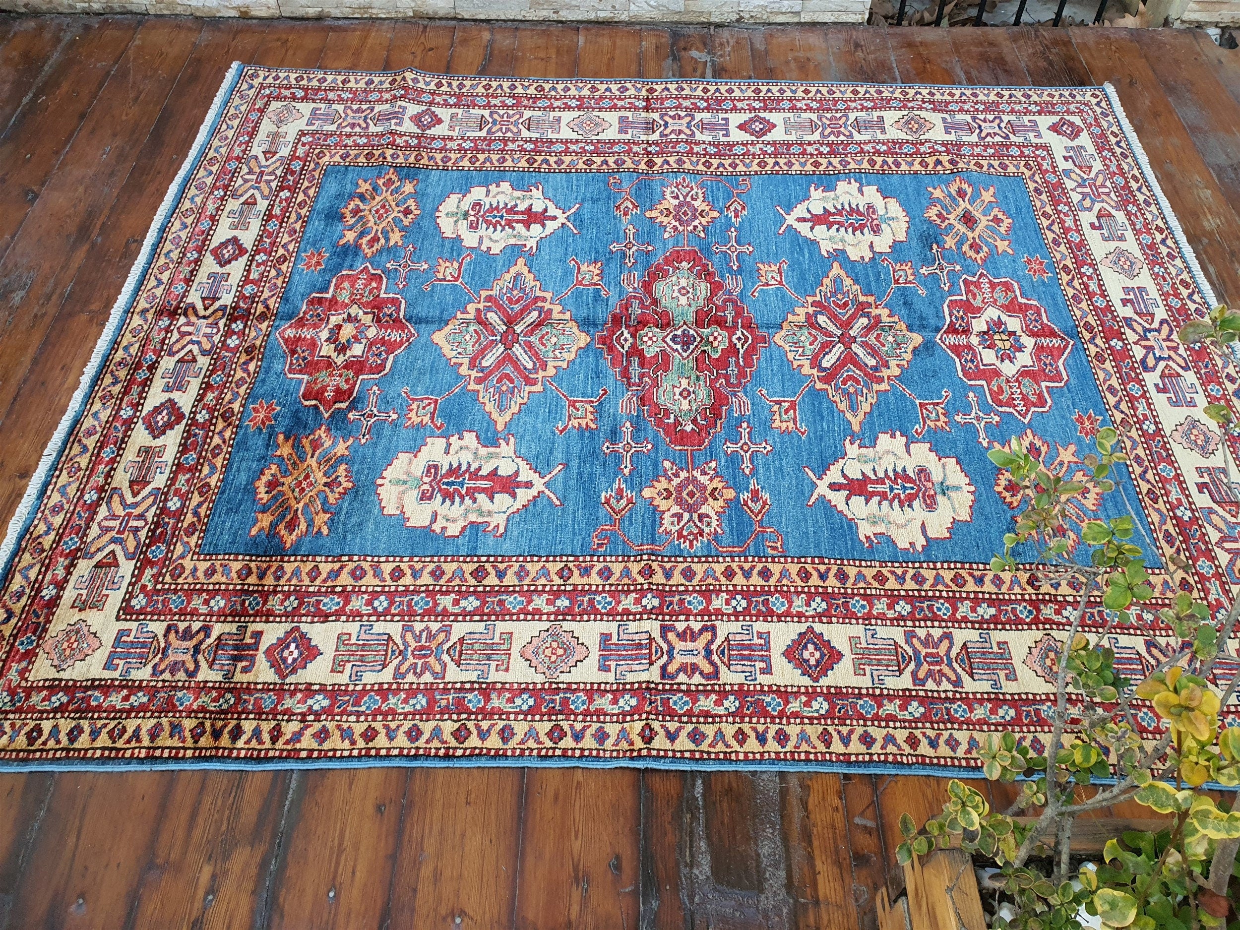 Caucasian Kazak Rug 6'3''x5'1'' Blue Beige Vintage Tribal Azerbaijan Geometric Medallion Rug