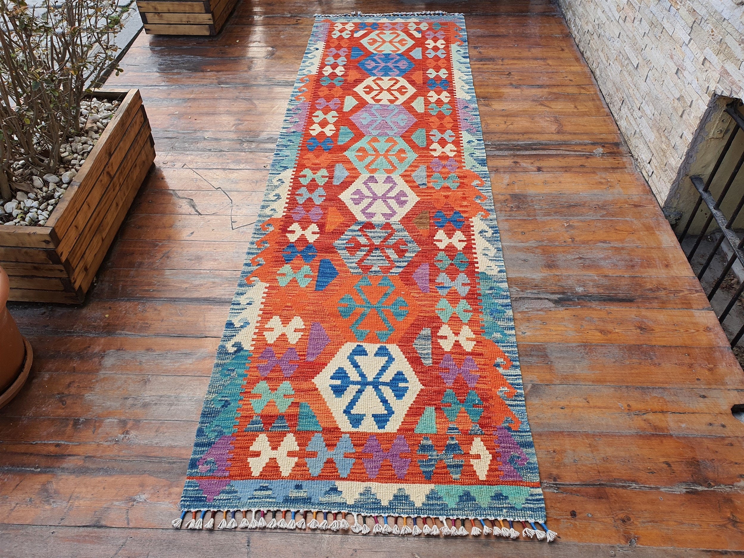 Vintage Kilim Runner Rug, 9'3" x 2'6" Afghan Hallway Kitchen Bedroom Rug, Moroccan Boho Rustic Persian Carpet Handmade Farmhouse Floor Decor