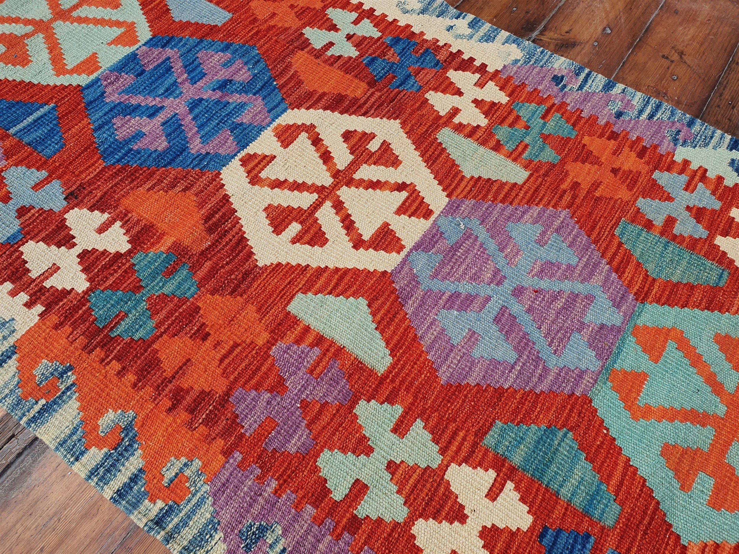 Vintage Kilim Runner Rug, 9'3" x 2'6" Afghan Hallway Kitchen Bedroom Rug, Moroccan Boho Rustic Persian Carpet Handmade Farmhouse Floor Decor