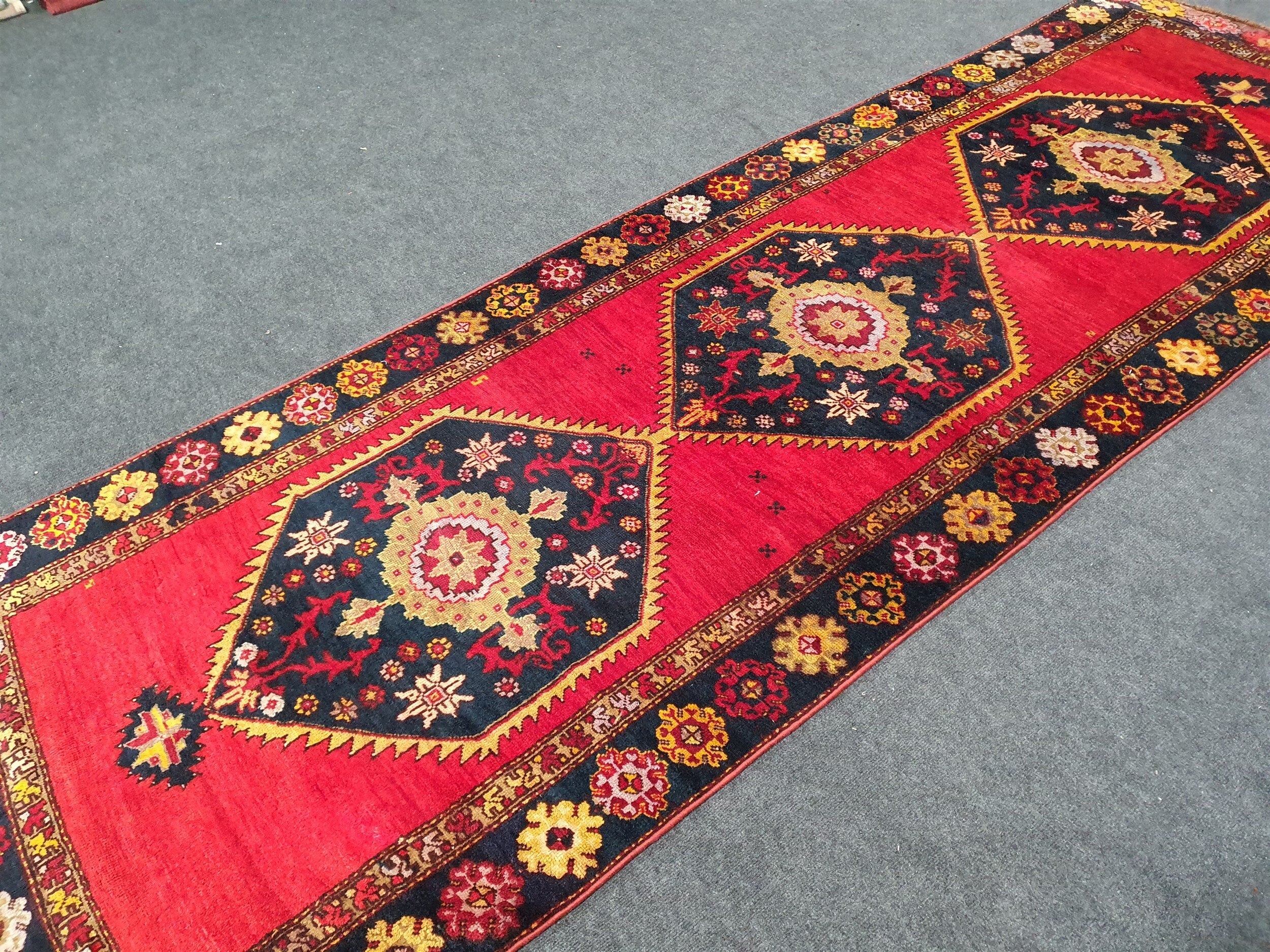 Persian Hallway Runner 11 x 3 ft Turkish Natural Wool Rug, Red with Blue and Brown Central Floral Medallions and Border Entry Corridor Rug
