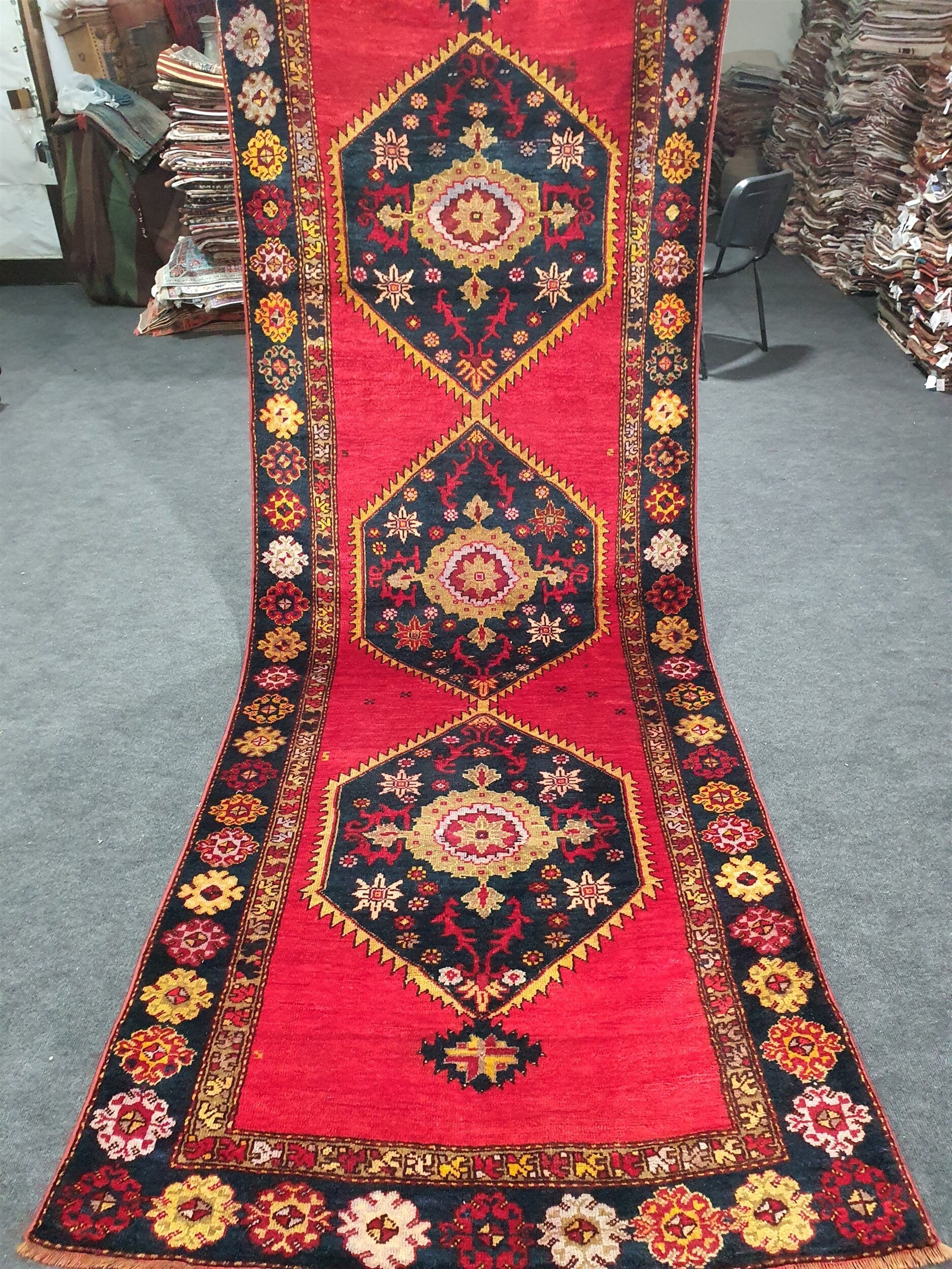 Persian Hallway Runner 11 x 3 ft Turkish Natural Wool Rug, Red with Blue and Brown Central Floral Medallions and Border Entry Corridor Rug