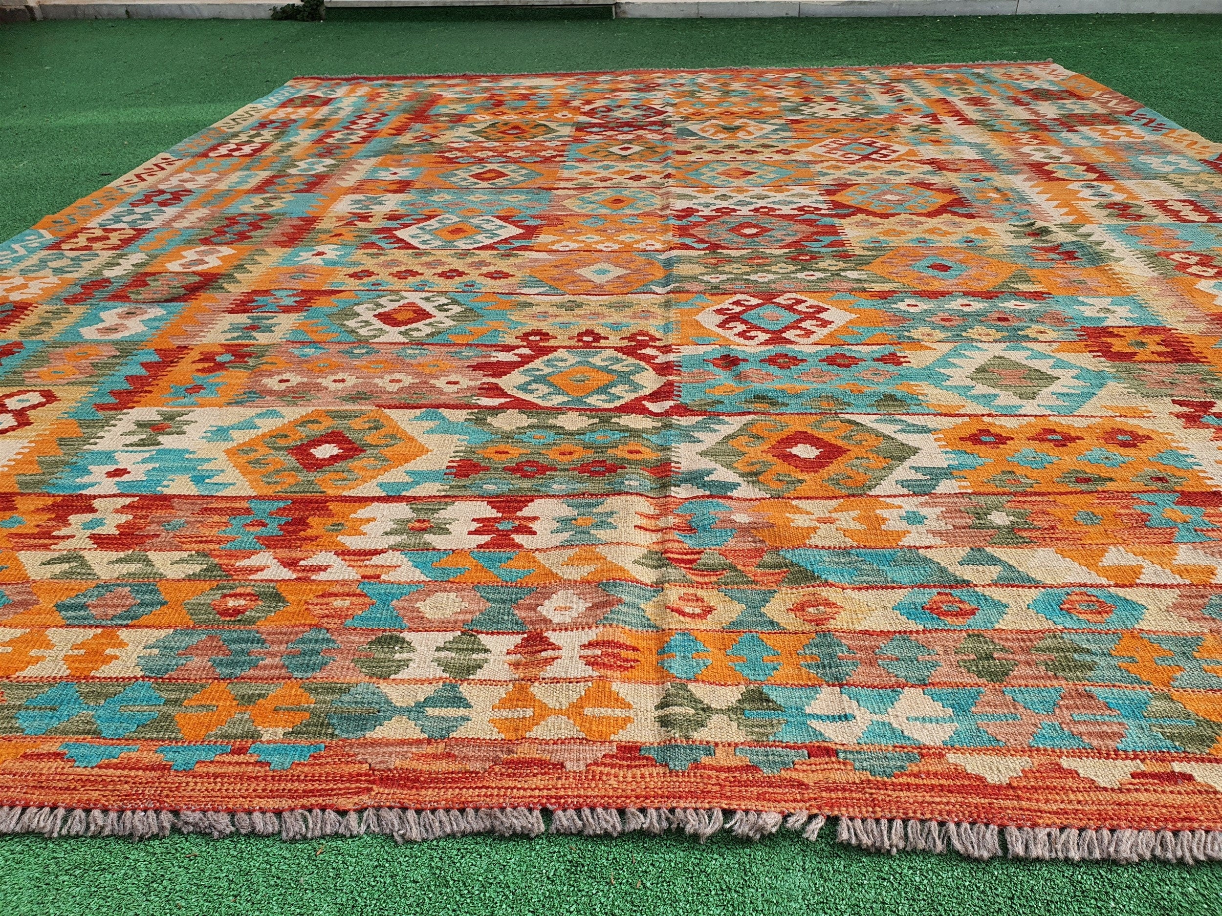 Afghan Kilim Rug, 9 x 8 ft Very Large Rust Red Blue and Off White Turkish Contemporary Kilim