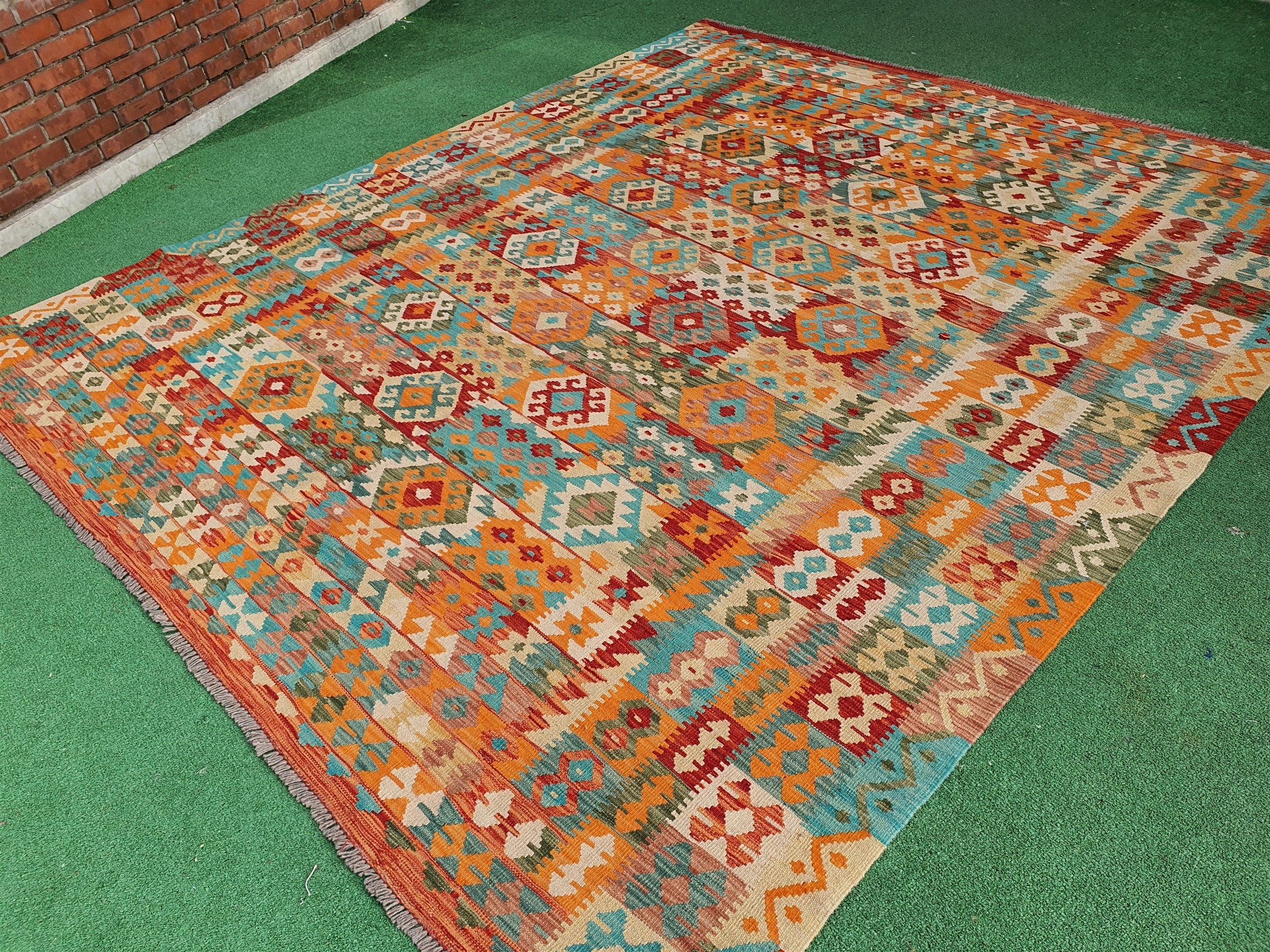 Afghan Kilim Rug, 9 x 8 ft Very Large Rust Red Blue and Off White Turkish Contemporary Kilim