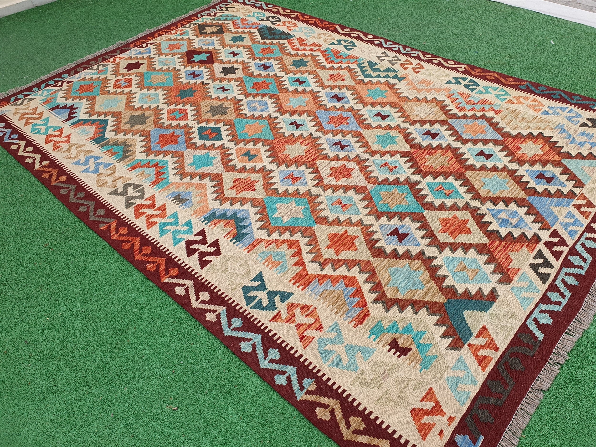 Afghan Kilim Rug, 9 x 6 ft Rust Red, Blue and Off White Turkish Contemporary Kilim