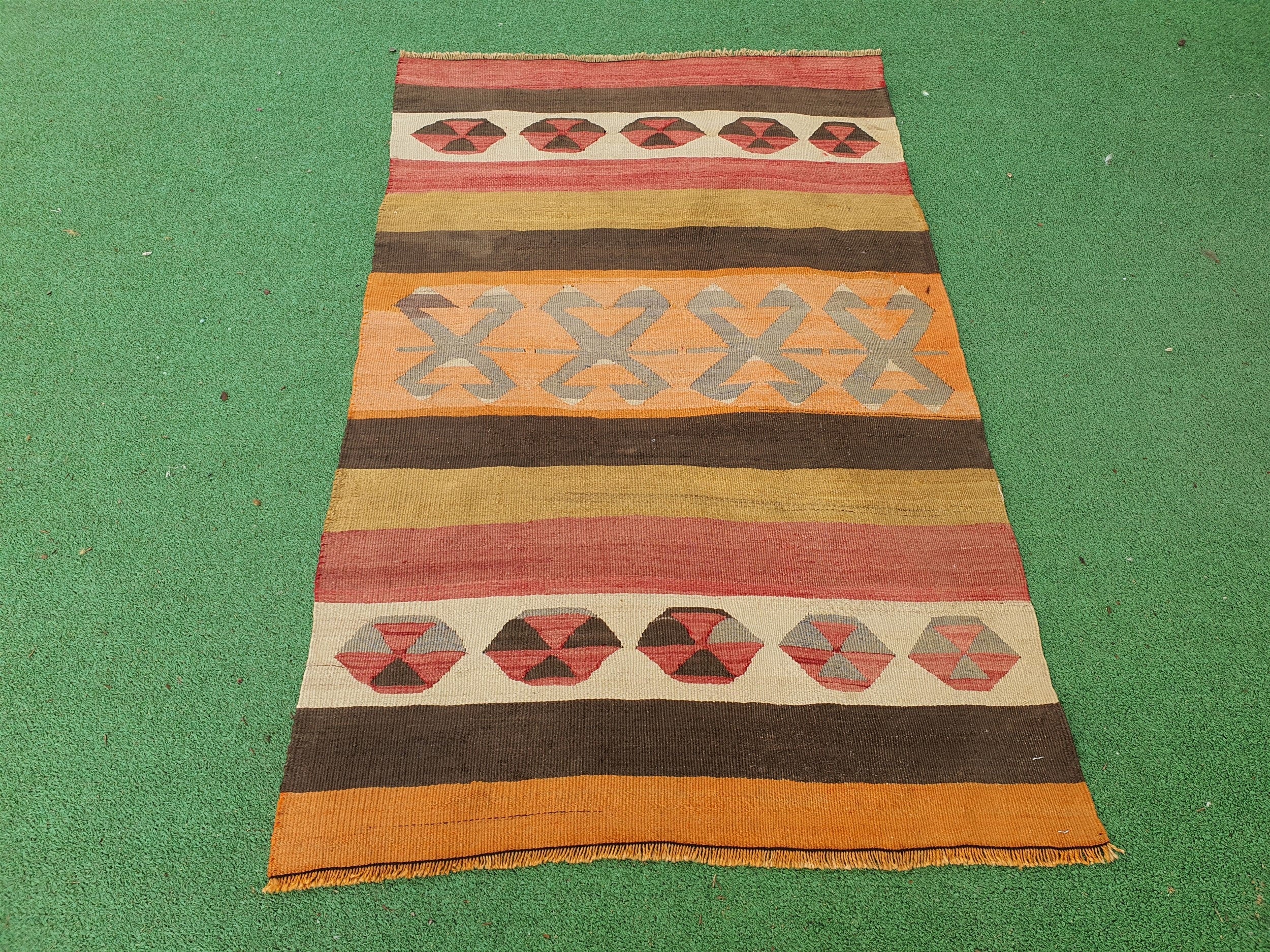 Afyon Turkish Kilim Rug, 3 ft 9 in x 2 ft 4 in Orange Green Beige and Brown Handmade Wool Flatweave Rug