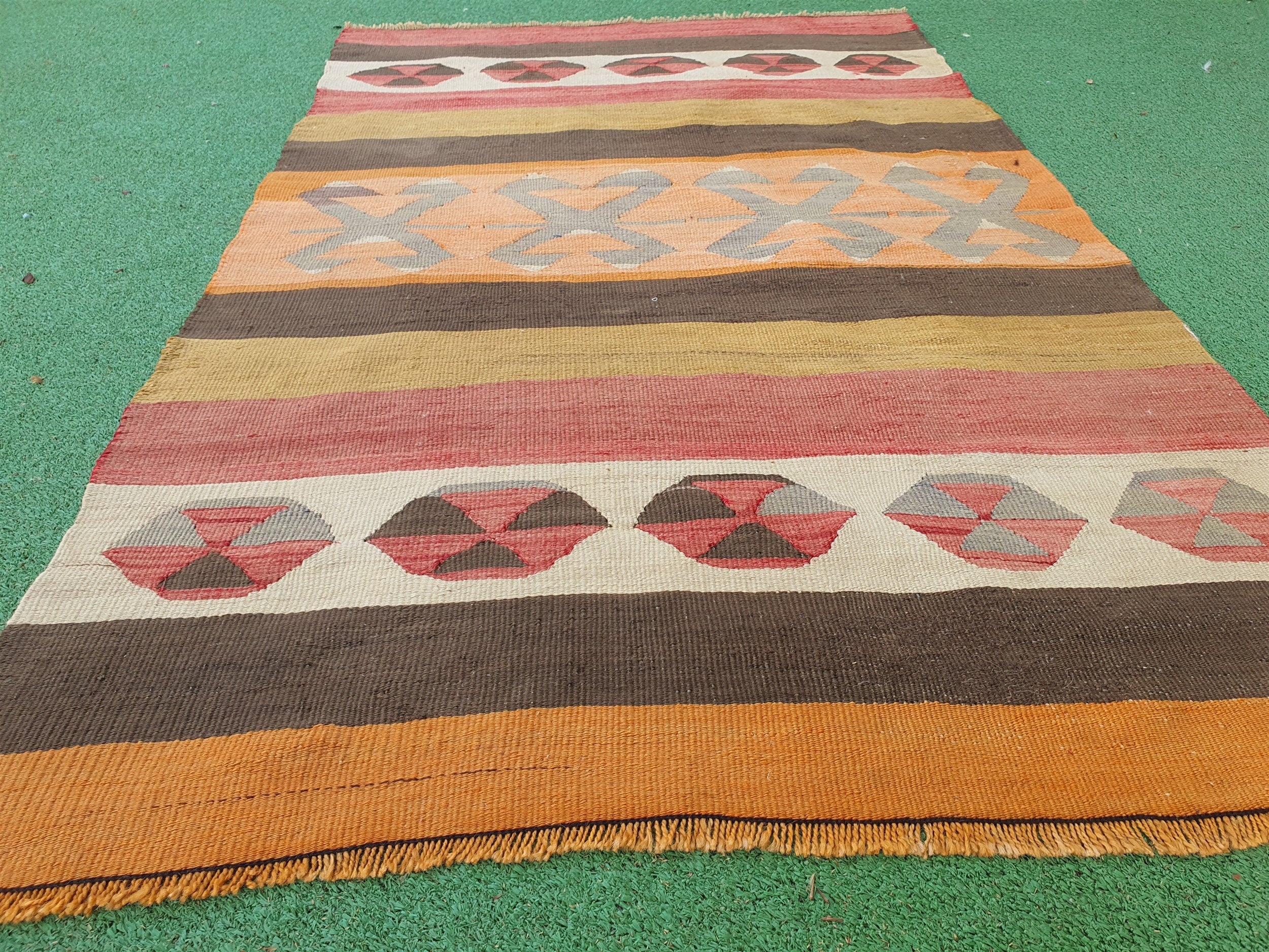 Afyon Turkish Kilim Rug, 3 ft 9 in x 2 ft 4 in Orange Green Beige and Brown Handmade Wool Flatweave Rug