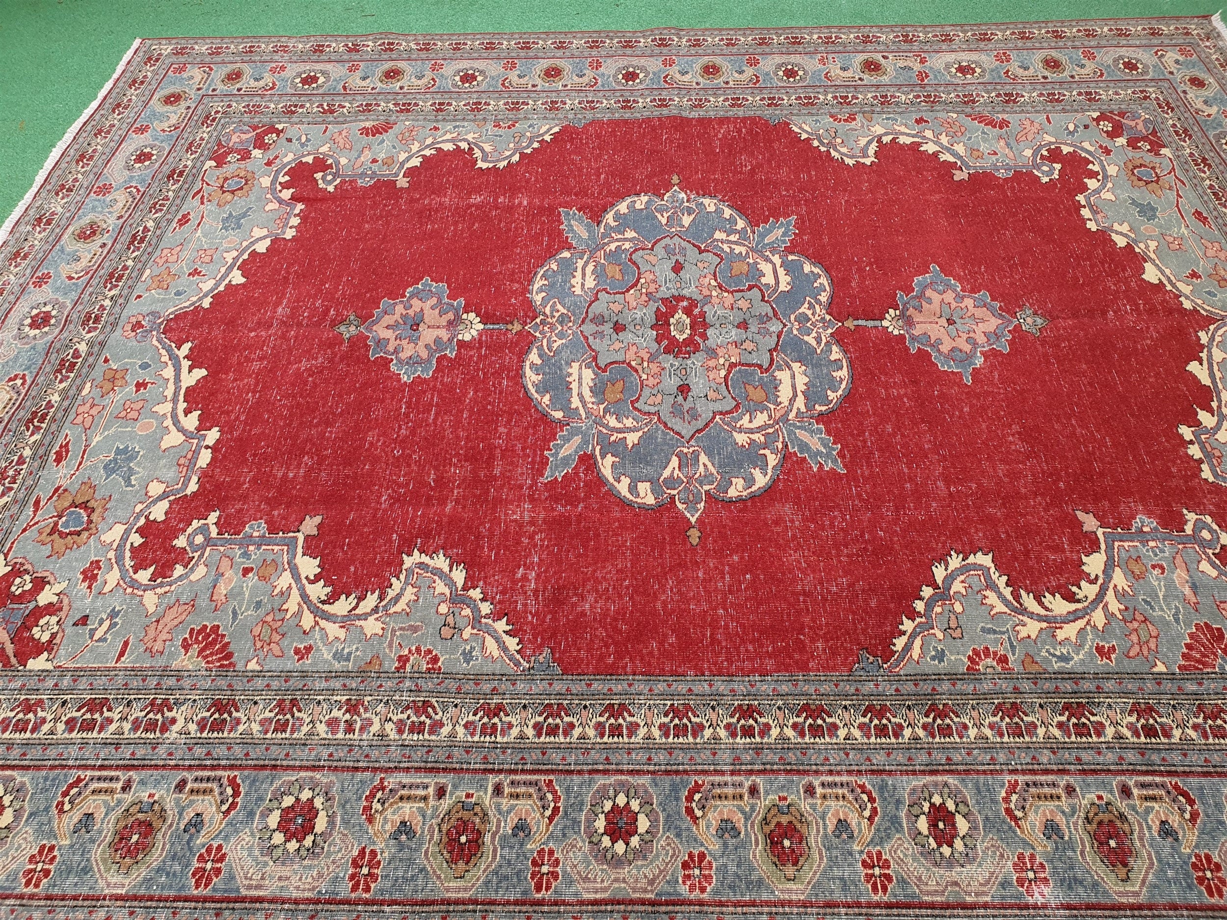 Large Persian Red and Green Living Room Handmade Carpet 9'3''x7'7''