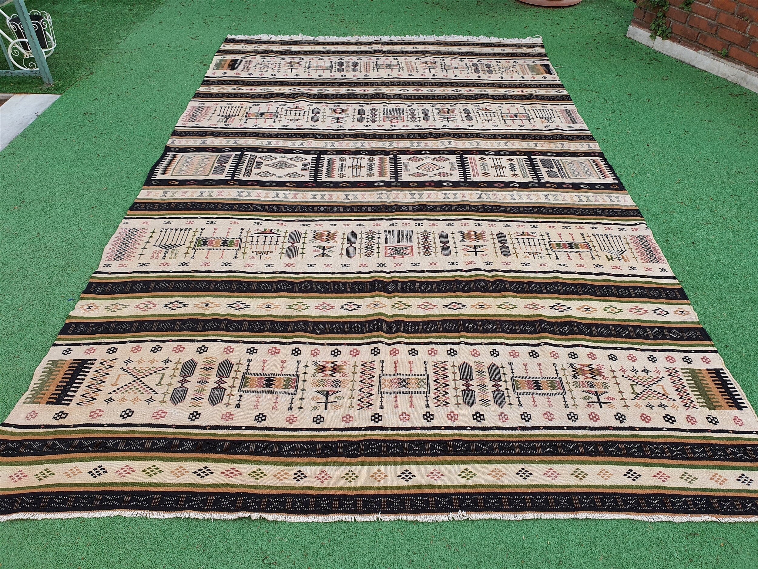 Turkish Kilim Rug 9 ft 8 in  x 6 ft 1 in, Embroidered Cicim Floor Rug