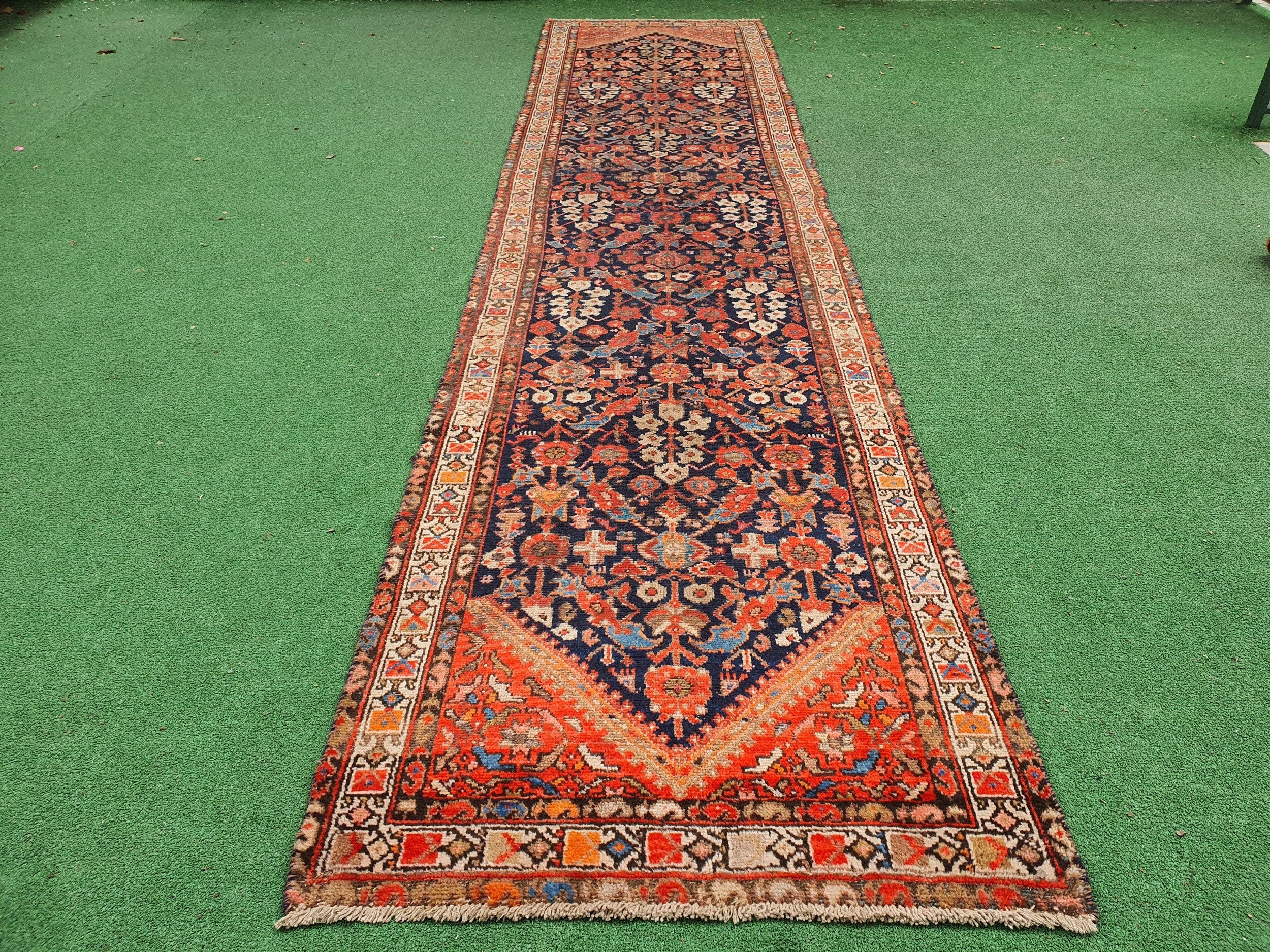 Vintage Persian Runner Rug 13 x 3 ft Blue Orange Beige Handmade Natural Wool Long Oriental Rug