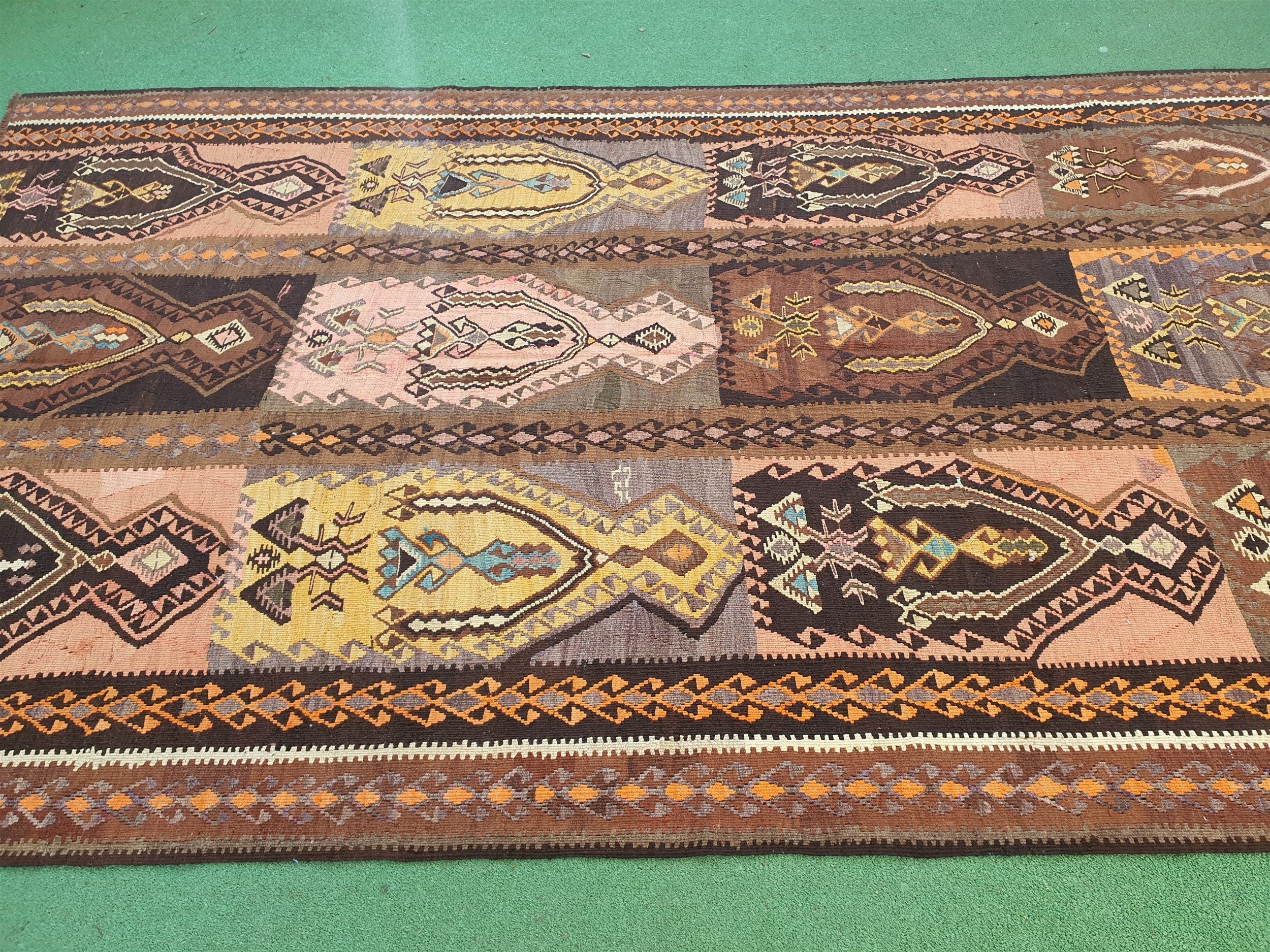 Antique Kagizman Turkish Kilim Rug 10 x 6 ft Brown Beige Handmade Natural Wool Vintage Anatolian Rug