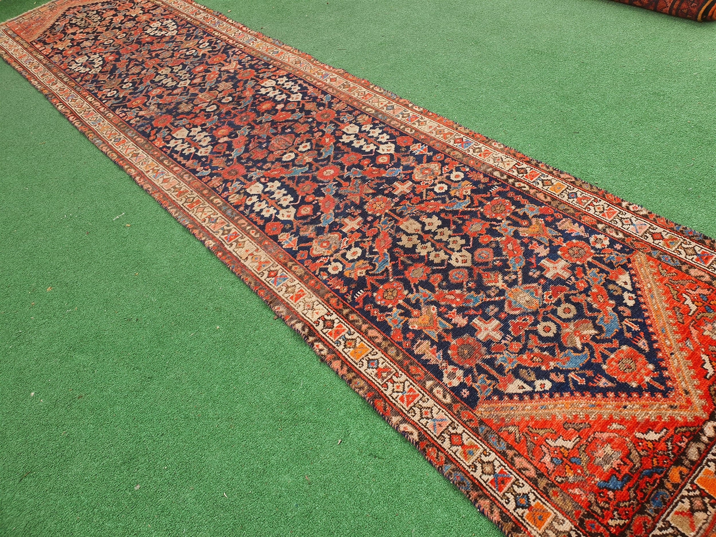 Vintage Persian Runner Rug 13 x 3 ft Blue Orange Beige Handmade Natural Wool Long Oriental Rug