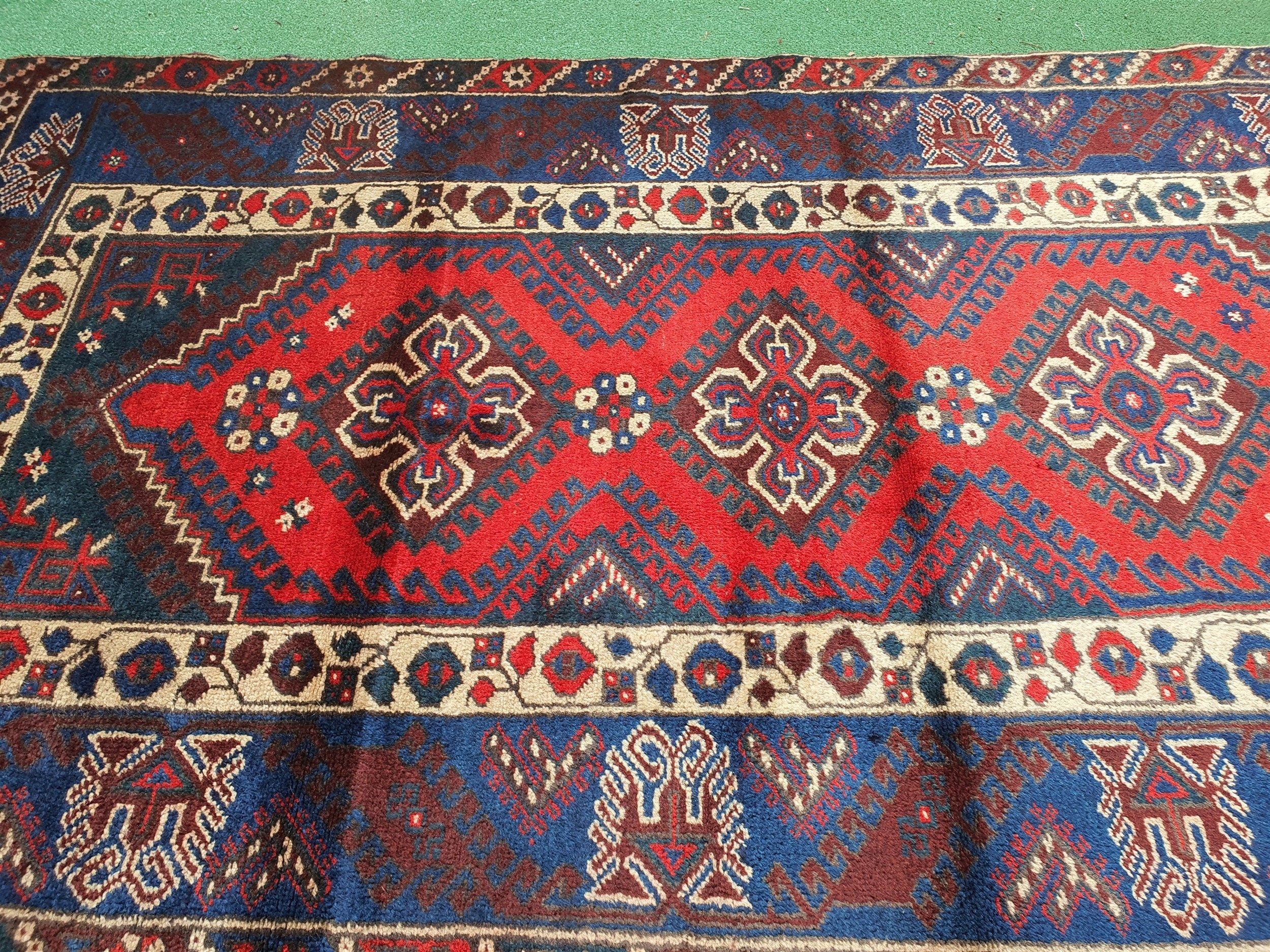 Turkish Antalya Red Blue White Handmade Natural Wool Rug 7'1'' x 4'1''