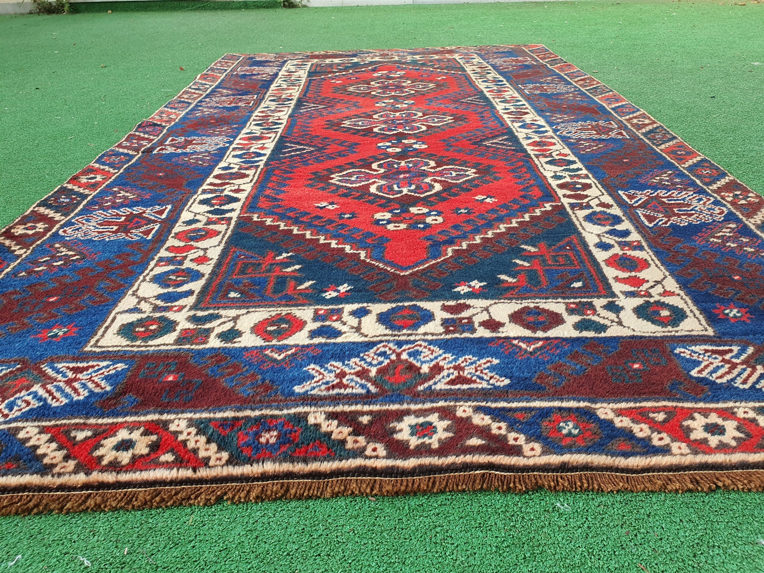 Turkish Antalya Red Blue White Handmade Natural Wool Rug 7'1'' x 4'1''