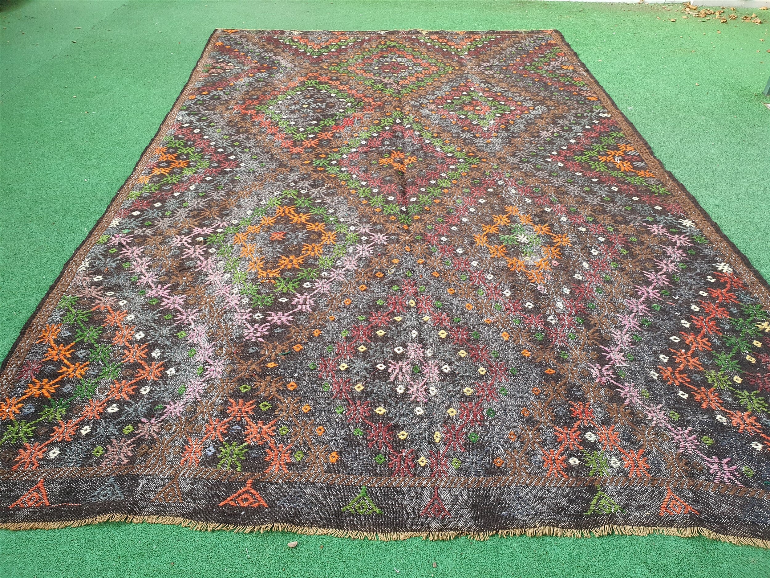 Vintage Decor Persian Area Kilim Living Room, Moroccan Style Handwoven Wool Rug, Bohemian Decor Rustic Rug, Colorful Turkish Rug 11.6*7.6 ft