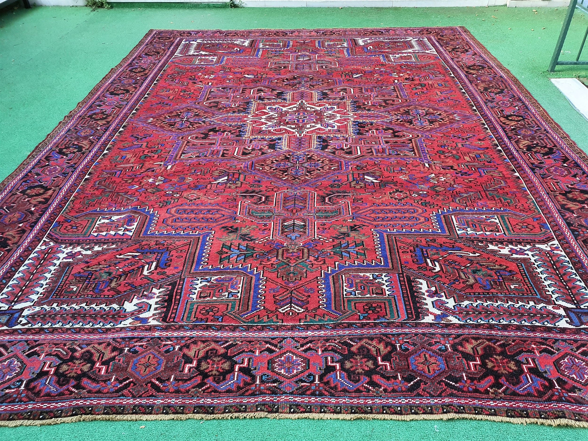 Large Red Persian Rug, Oversized Blue Red Handmade Oriental Carpet 12'5''x 9'9''