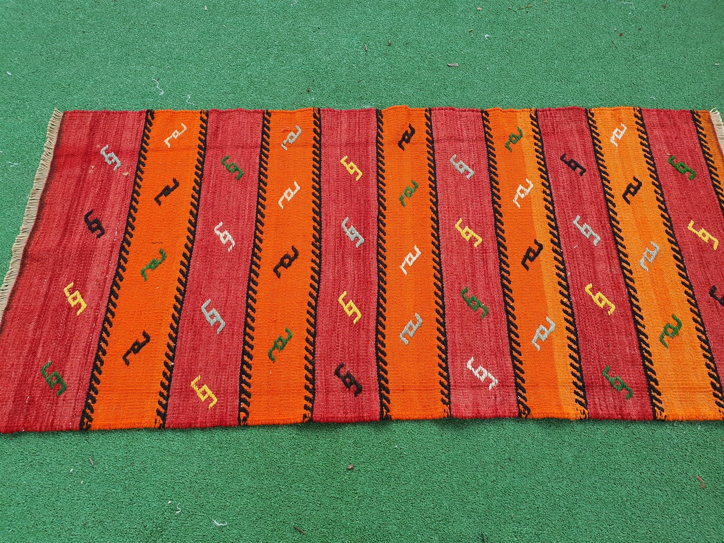 Turkish Kilim Rug, 4 ft 3 in x 2 ft Small Orange and Brown Striped Cicim Embroidered Kilim