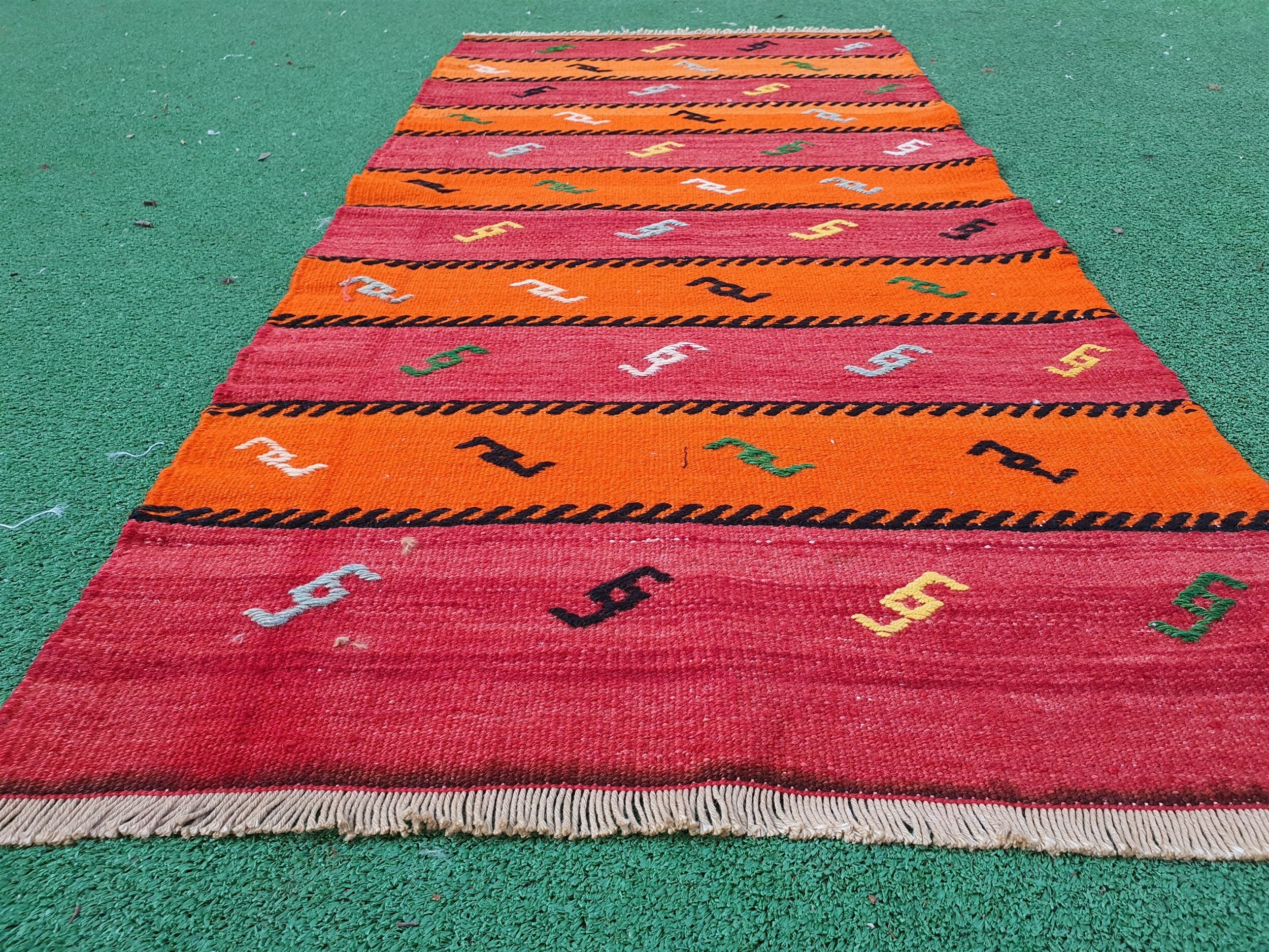 Turkish Kilim Rug, 4 ft 3 in x 2 ft Small Orange and Brown Striped Cicim Embroidered Kilim