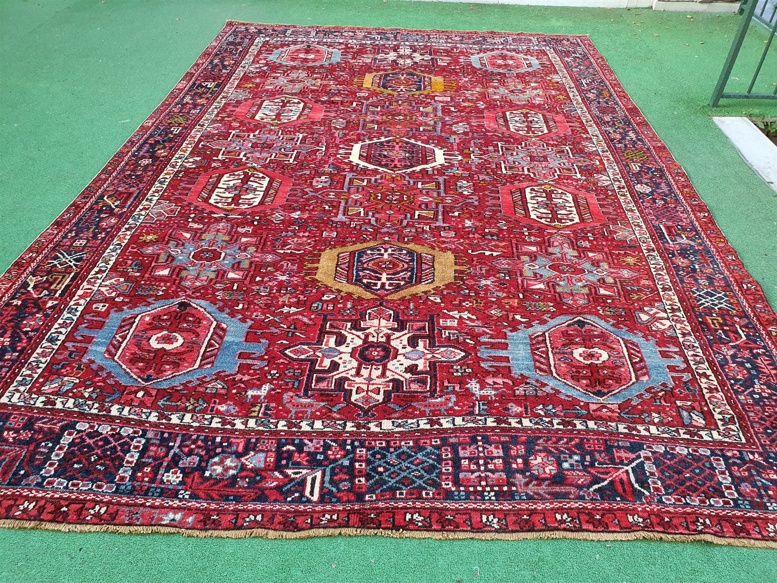 Vintage Persian Rug 12 x 8 ft Red Blue Turkish  Floral Medallion Large Floor Rug., Handmade Boho Rustic Natural Wool Living Dining Room Rug