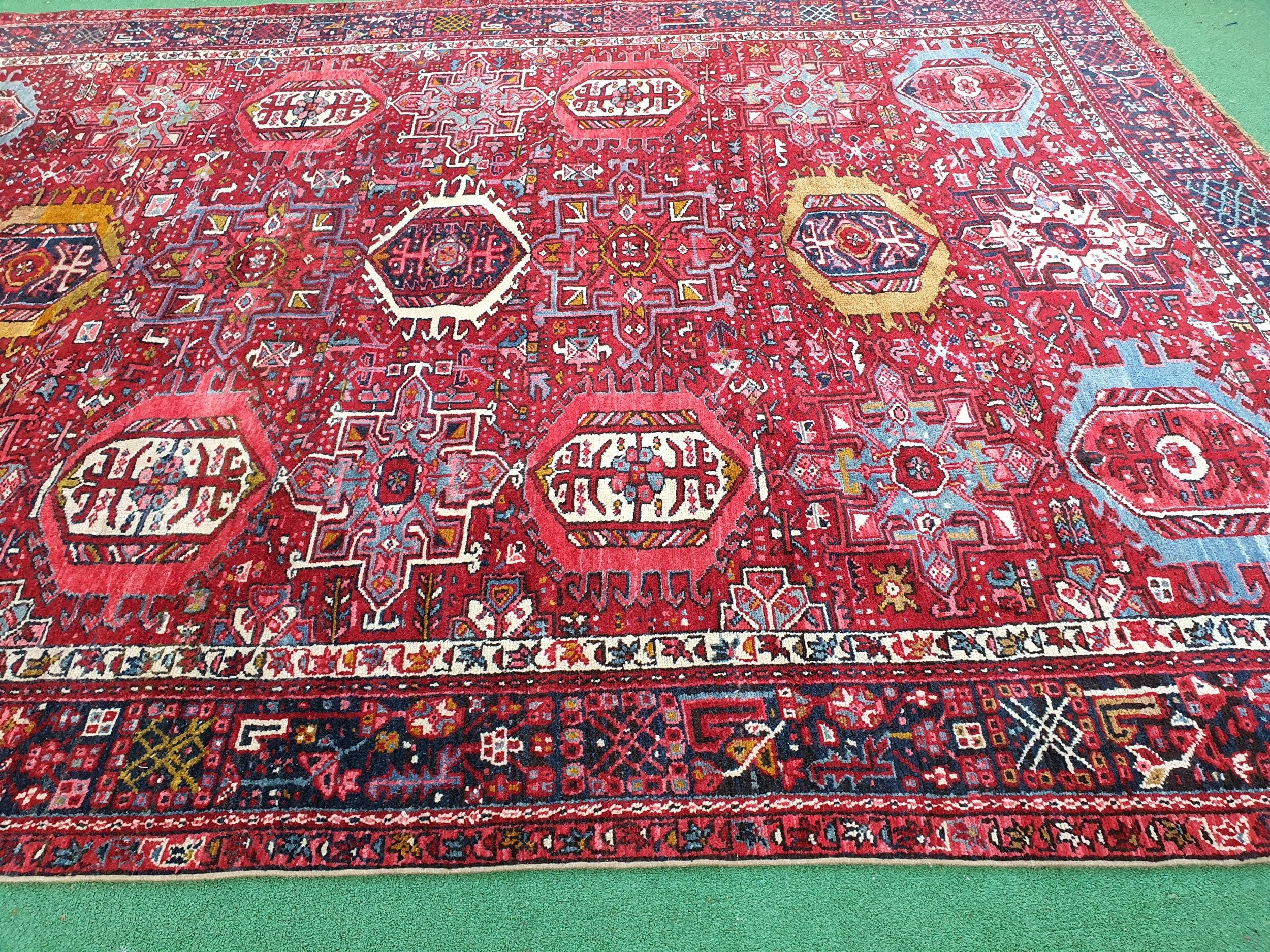 Vintage Persian Rug 12 x 8 ft Red Blue Turkish  Floral Medallion Large Floor Rug., Handmade Boho Rustic Natural Wool Living Dining Room Rug
