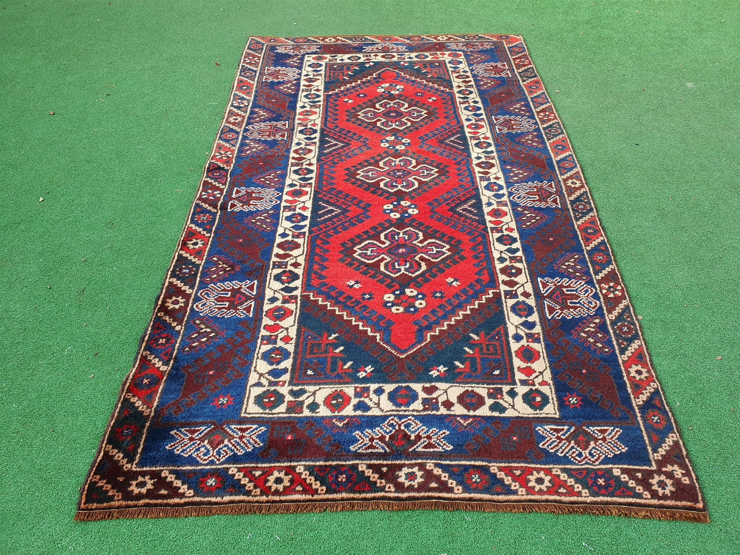 Turkish Antalya Red Blue White Handmade Natural Wool Rug 7'1'' x 4'1''