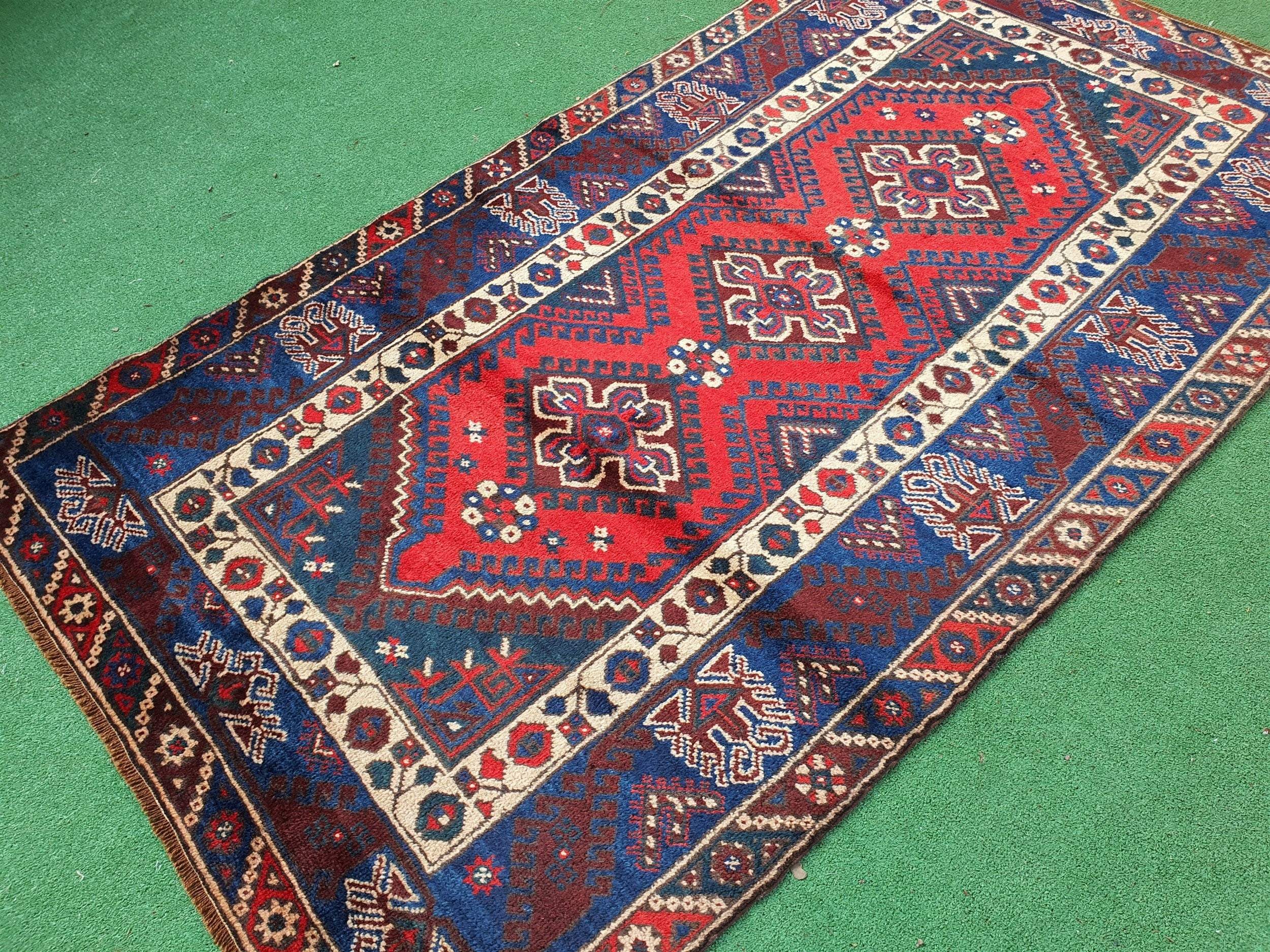 Turkish Antalya Red Blue White Handmade Natural Wool Rug 7'1'' x 4'1''