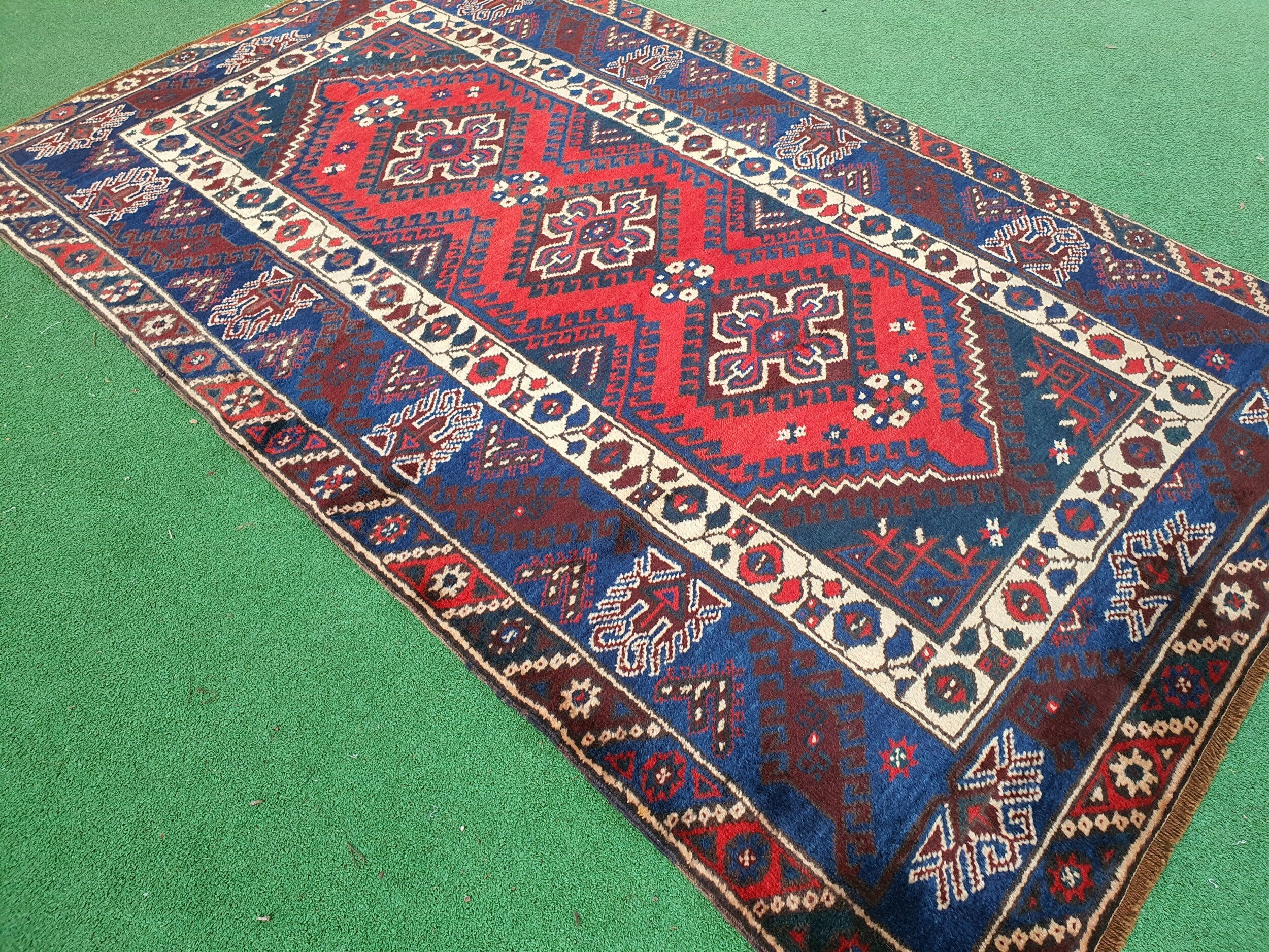 Turkish Antalya Red Blue White Handmade Natural Wool Rug 7'1'' x 4'1''