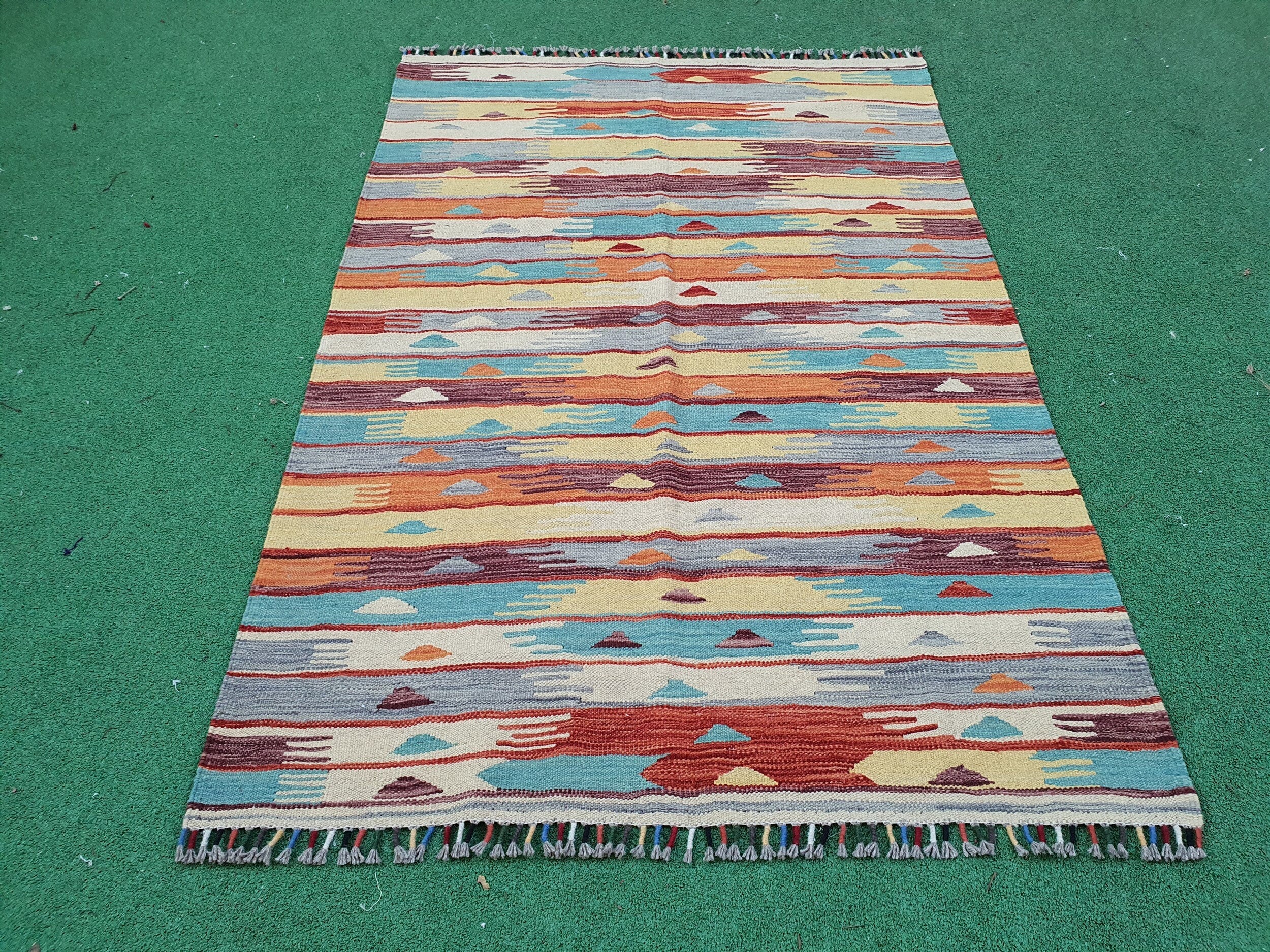 Oushak Kilim Rug, 5 x 3 ft Blue White Red Turkish Moroccan Afghan Handmade Kilim Rug, Boho Rustic Colourful Persian Living Room Floor Rug