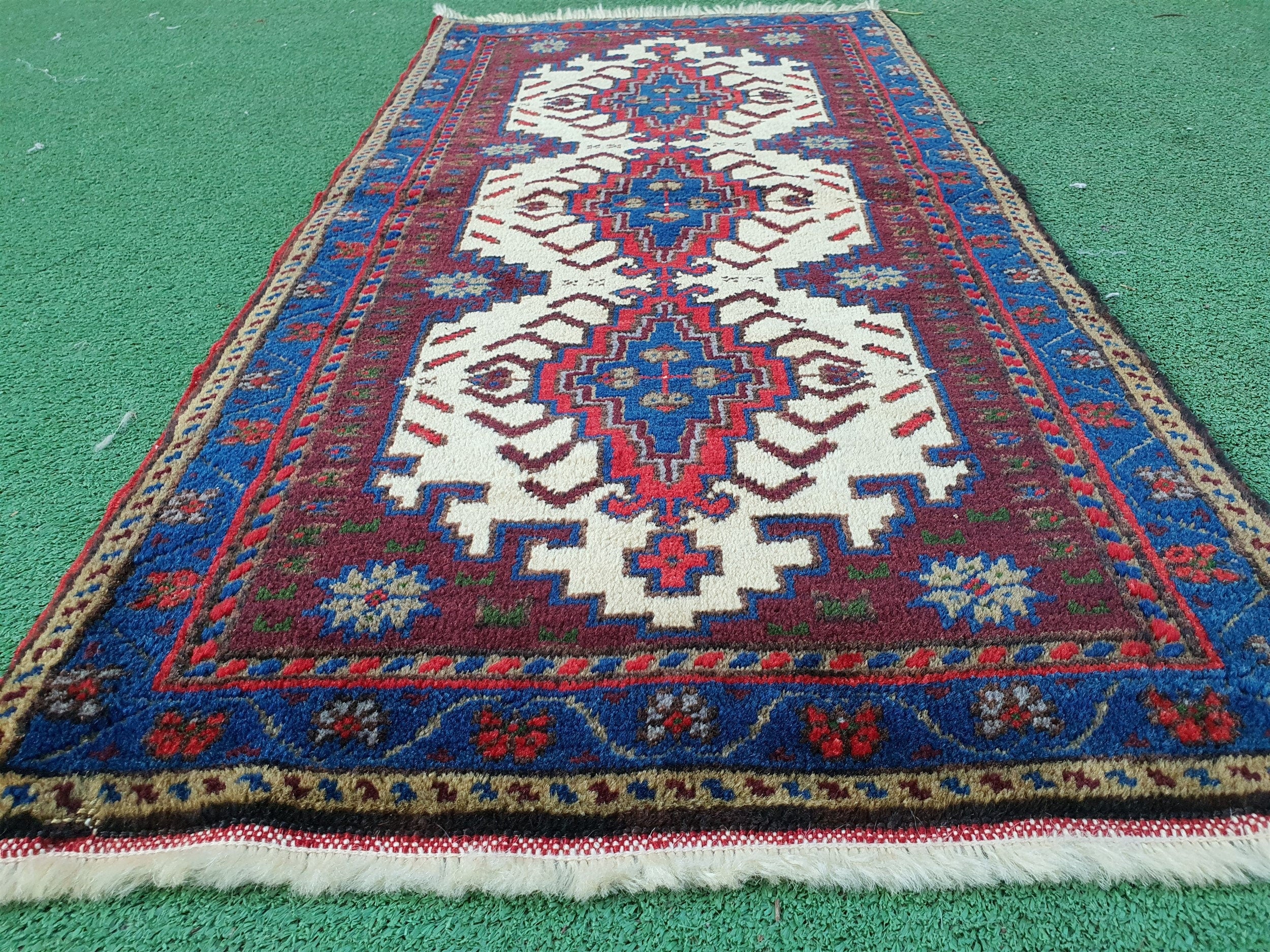 Red Blue Small Turkish Rug, 3 ft 4 in x 1 ft 7 in, Vintage Rug for Entry, Kitchen, Hallway or Bedroom Persian Oriental Boho Rustic Decor