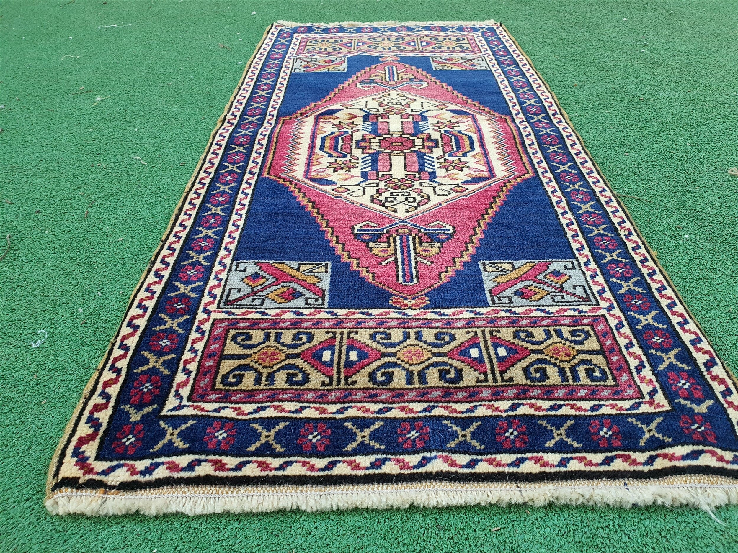 Red and  Blue Small Turkish Rug 3 ft 4 in x 1 ft 8 in  Vintage Rug for Kitchen, Hallway or Bedside Rug