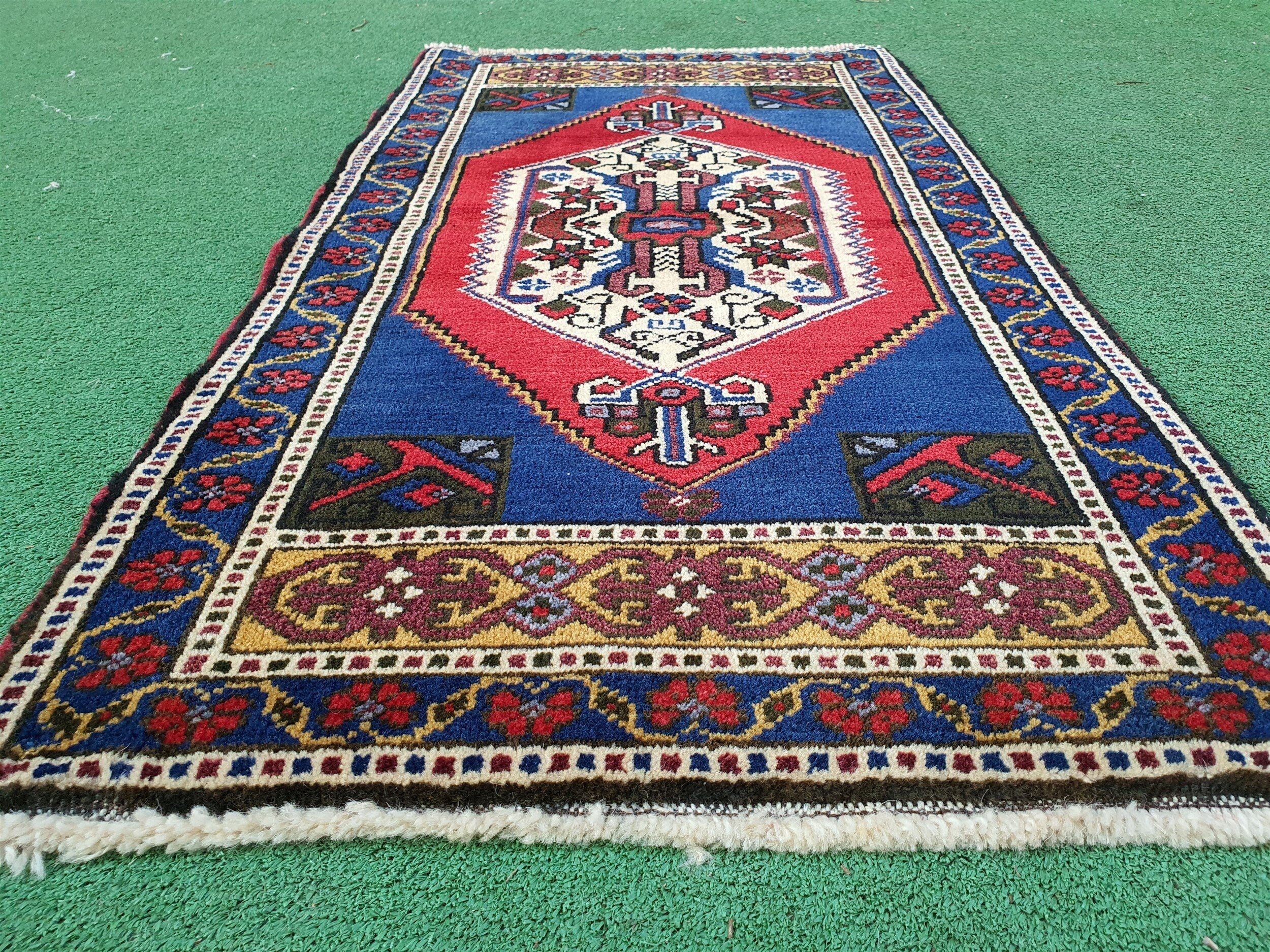 Vintage Turkish Small Rug,  3 ft 6 in  x  2 ft, Red Blue and Beige Faded Distressed Antique Style Mat