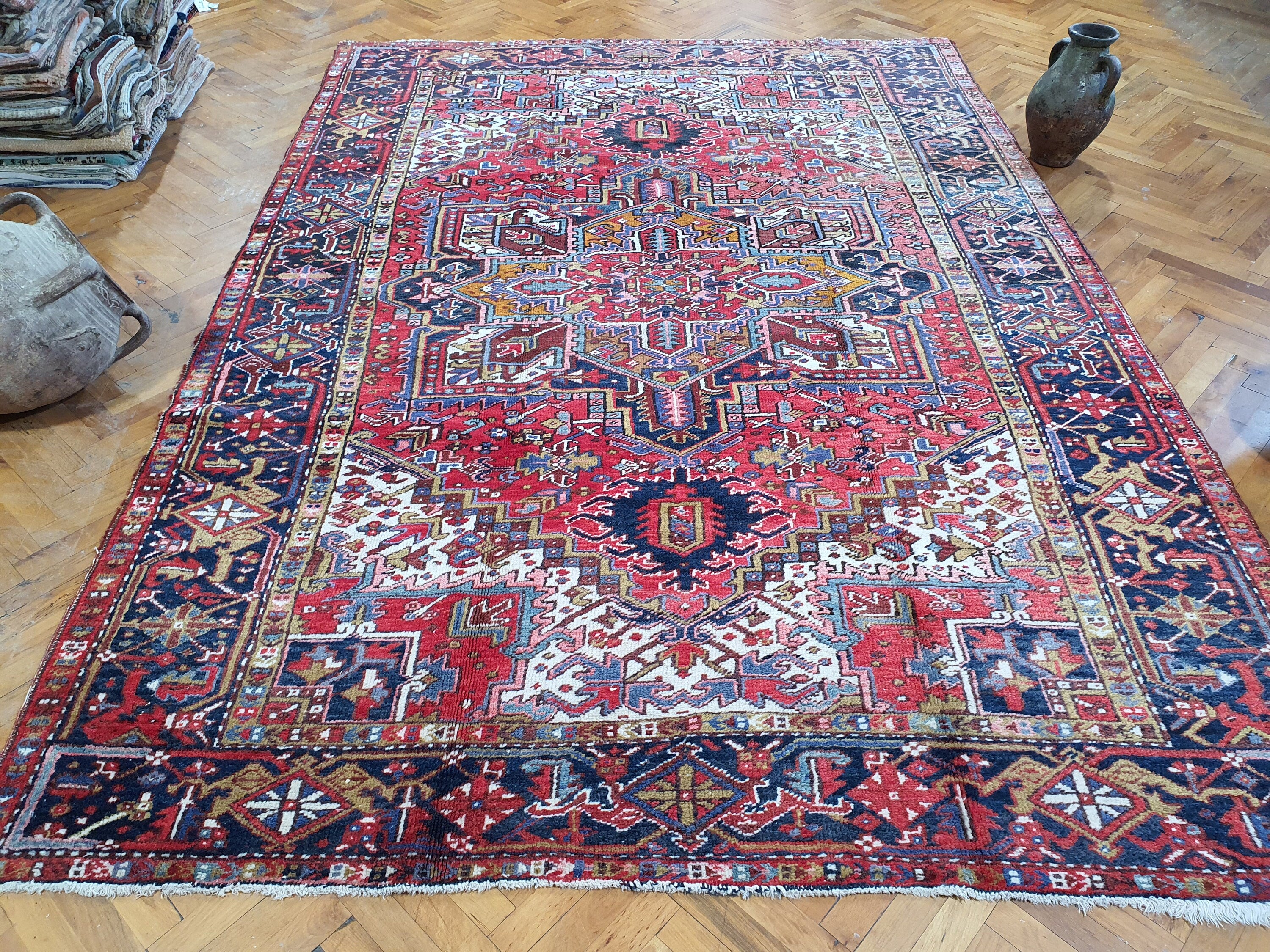 Red and Blue Persian Area Rug, 9'6'' x 6'9'' ft Vintage Turkish Tribal Organic Wool Rug, Recycled Oriental Design Rustic Floor Rug, Rug