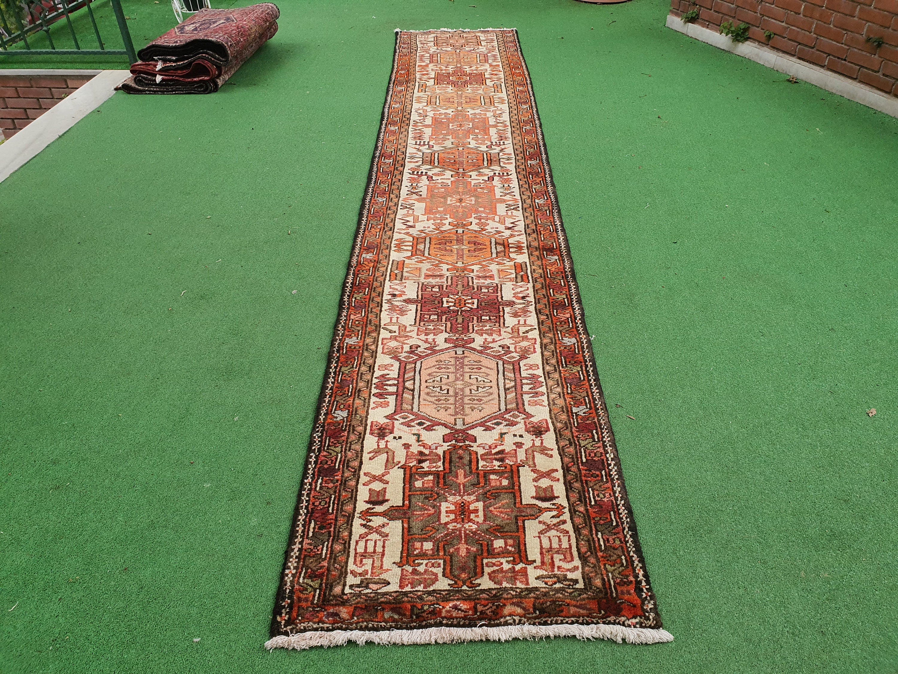 Persian Hallway Long Corridor Rug 13 x 2 ft Beige Orange Vintage Turkish Natural Wool Recycled Passage Rug, Rustic Decor Antique Runner