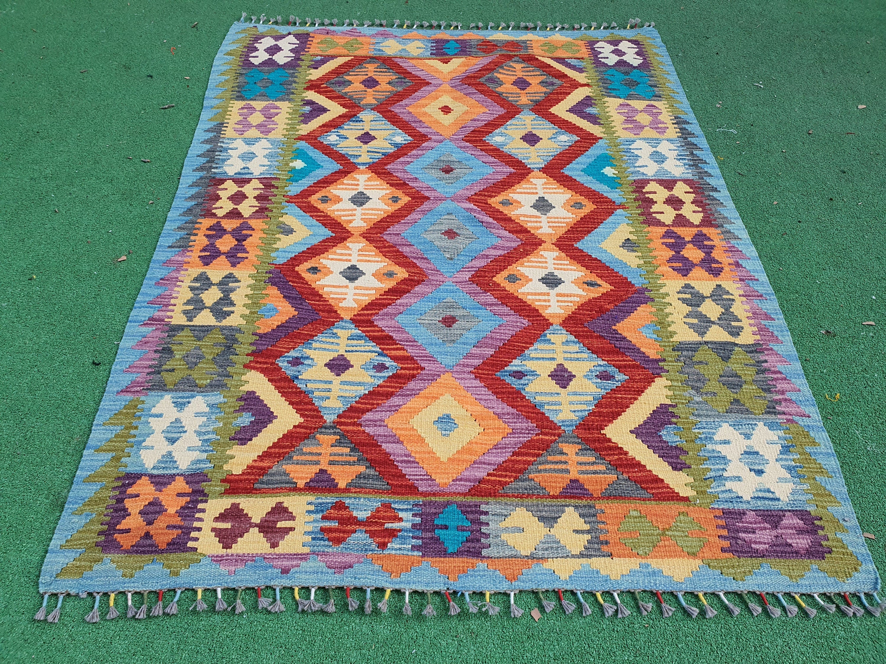 Afghan Kilim Rug, 6 x 4 ft Red Blue and Rust Red Contemporary Turkish Kilim Rug