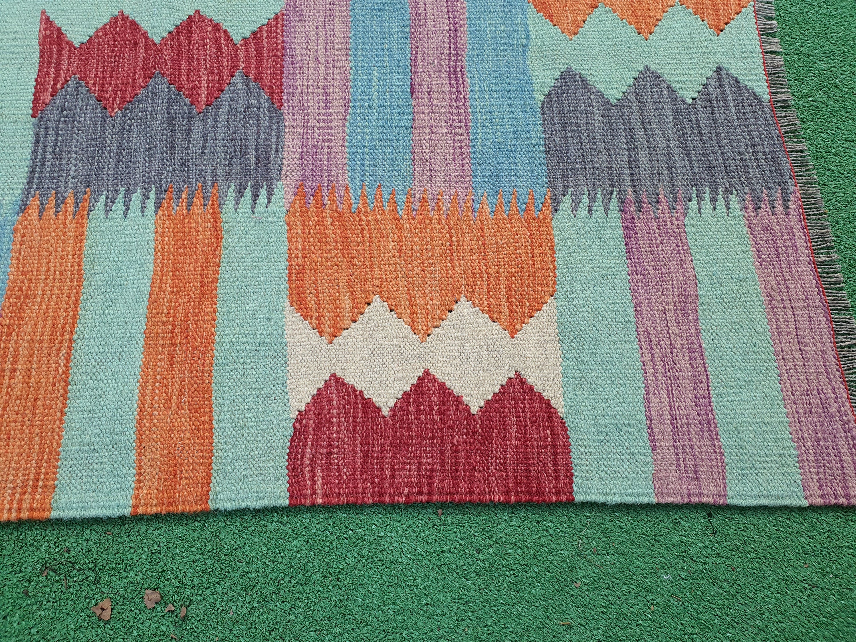 Oushak Vintage Kilim, 3 ft 9 in x 2 ft 7 in Blue Rust Red and Beige Contemporary Kilim