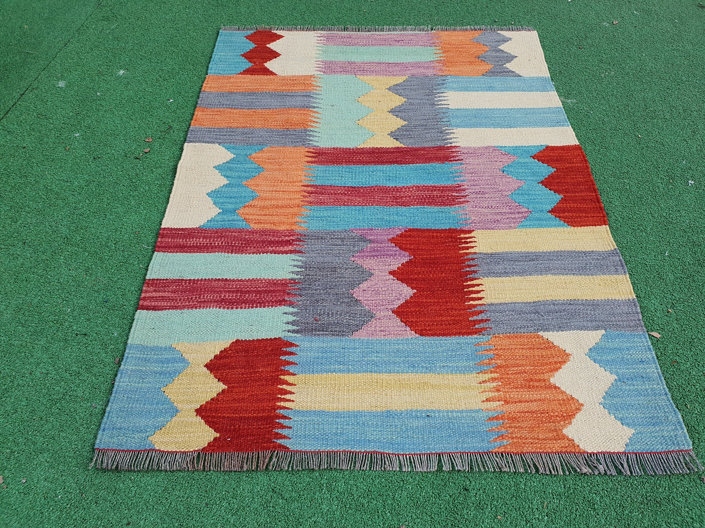 Oushak Kilim Rug, 3 ft 5 in x 2 ft 7 in Rust Red, Blue and Beige Turkish Entryway or Door Mat