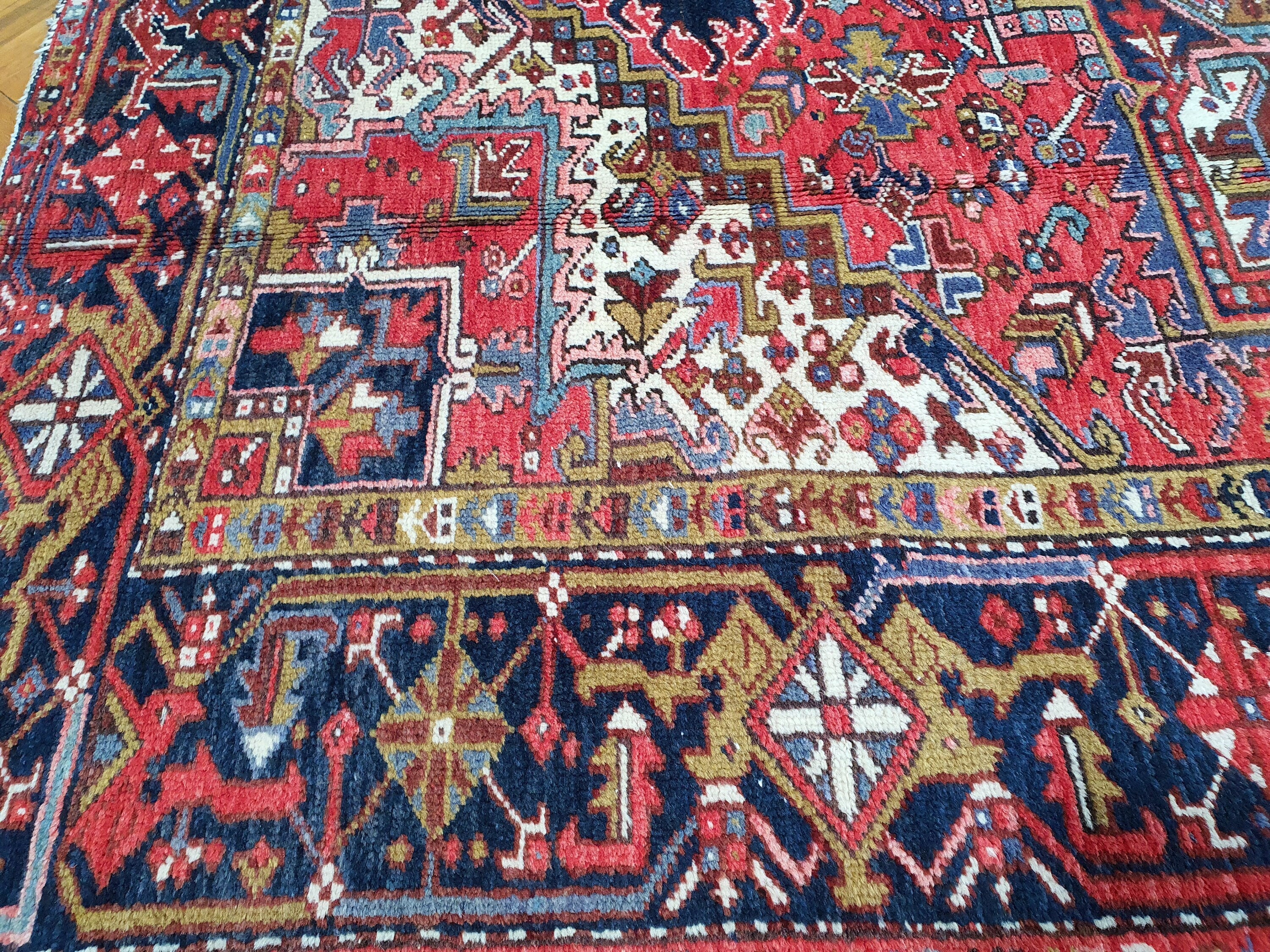 Red and Blue Persian Area Rug, 9'6'' x 6'9'' ft Vintage Turkish Tribal Organic Wool Rug, Recycled Oriental Design Rustic Floor Rug, Rug